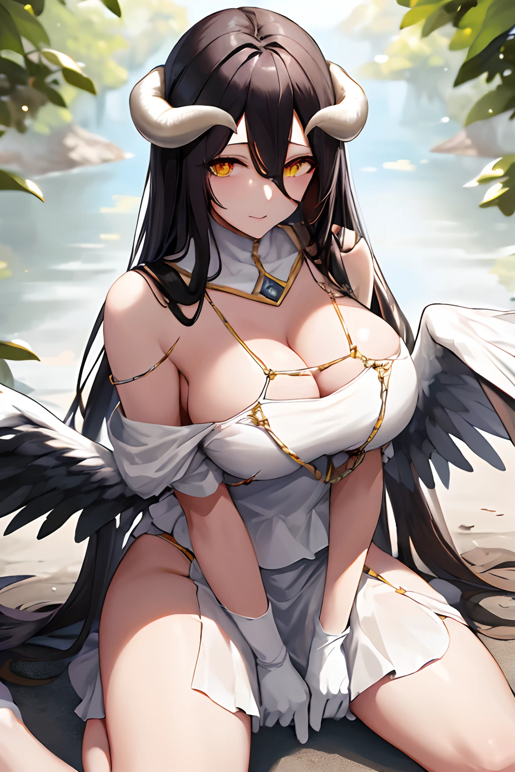 masterpiece, best quality, highres, al1, demon horns, slit pupils, white gloves, white dress, bare shoulders, detached collar, cleavage, black wings, feathered wings, low wings, cowboy shot, outdoors, sitting, kneeling, filed