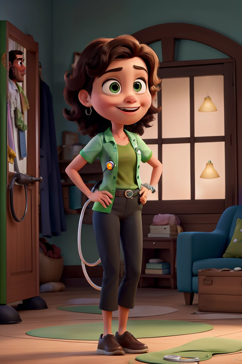 Poster filme disney pixar titulo Michele, morena, olhos castanhos,  cabelo liso, Green blouse and black pants with stethoscope