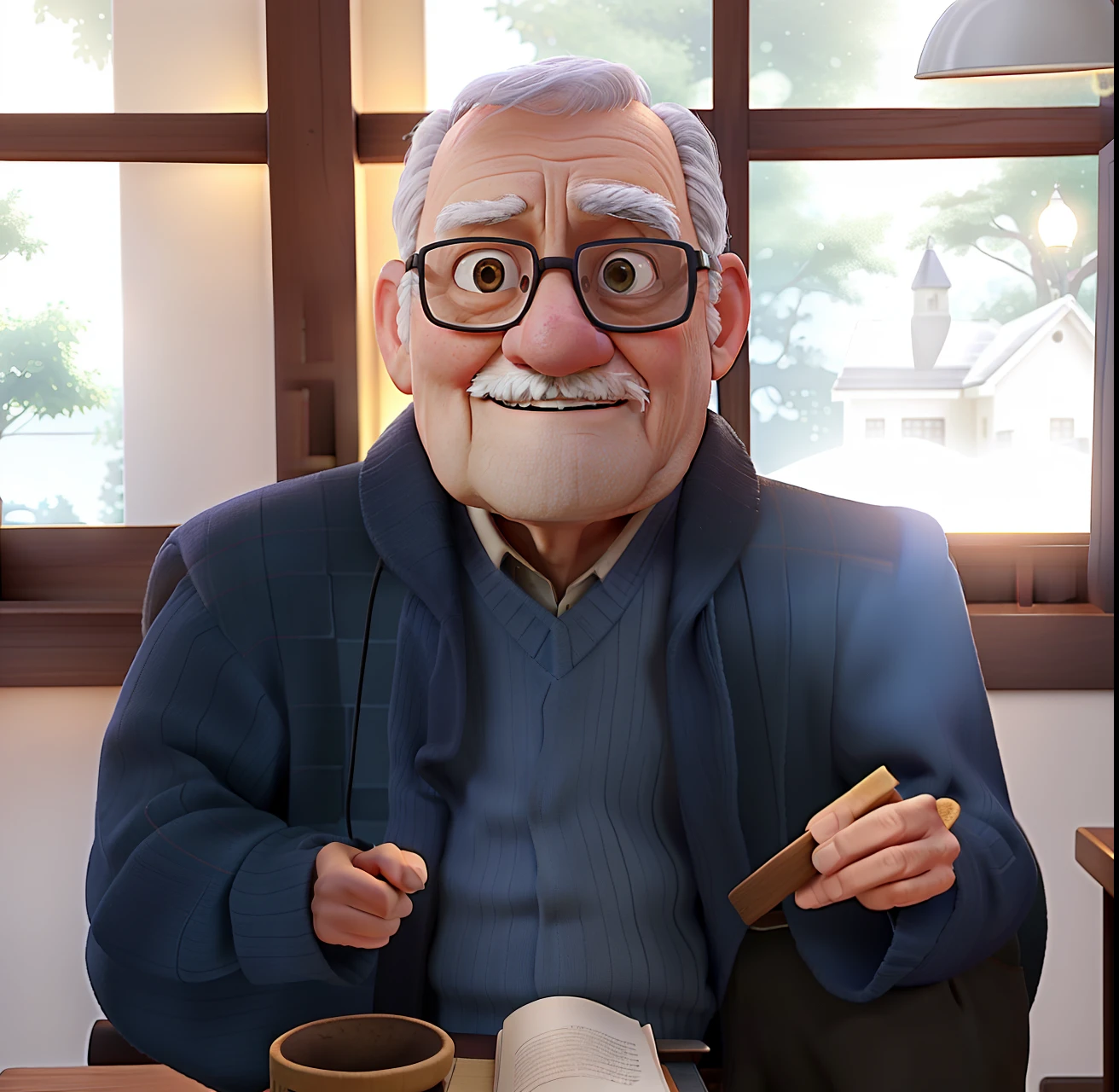 A wise old man standing in front, illuminated by the light of a lamp, against the backdrop of a library