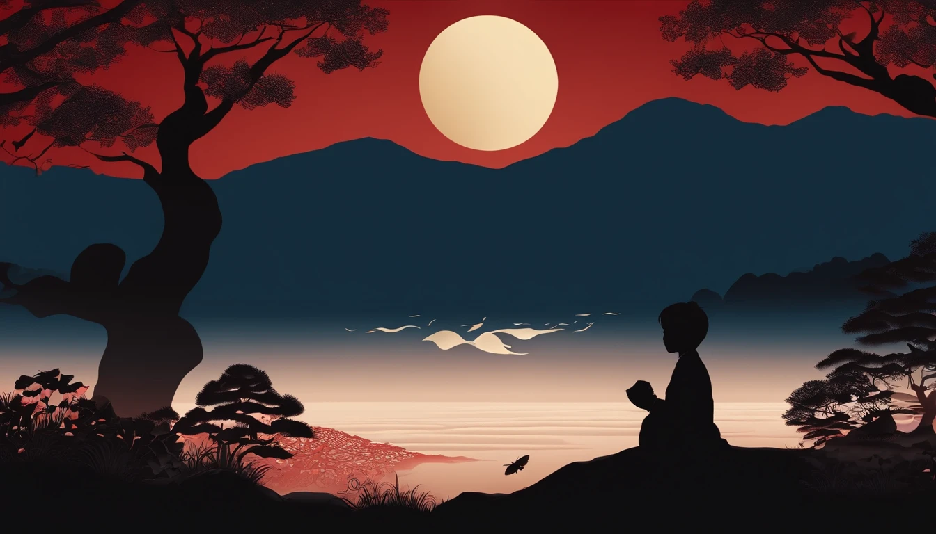Dream of a butterfly, Flat Paper Cutout,Red background。(Best Quality,4K,8K,hight resolution,masutepiece:1.2),Ultra-detailed,Realistic:1.37,Traditional Japan Art Style,Moonlit landscape,Moonlight silhouette art,Cut Paper Art,Layer effects,Projected shadows,Paper cutouts with intricate details,smooth lines,Harmonious colors,Celebrating the Mid-Autumn Festival,Boy staring at the moon, Cultural elements of Japan,Enigmatic atmosphere,High contrast between light and shadow.