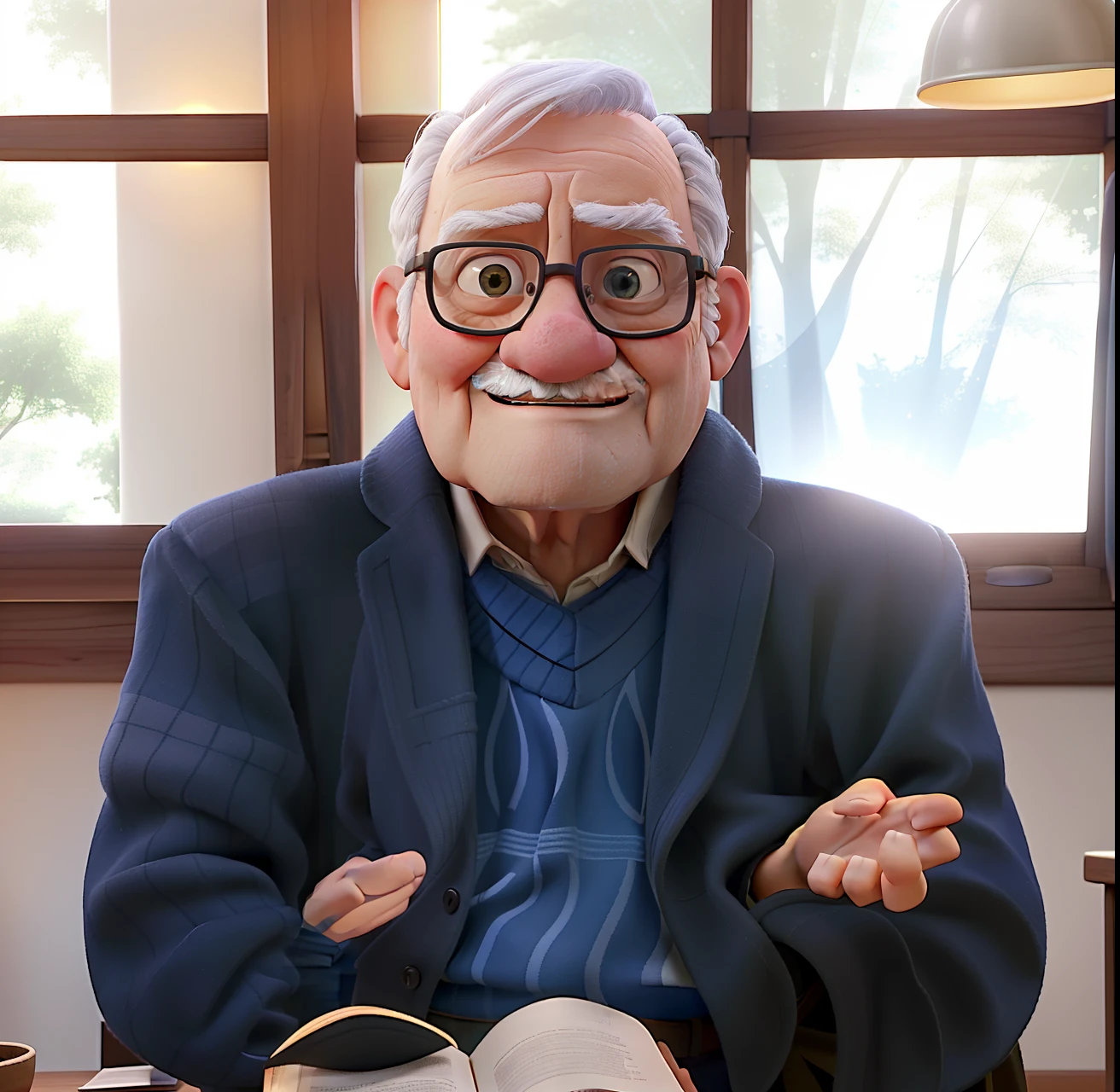 A wise old man standing in front, illuminated by the light of a lamp, against the backdrop of a library