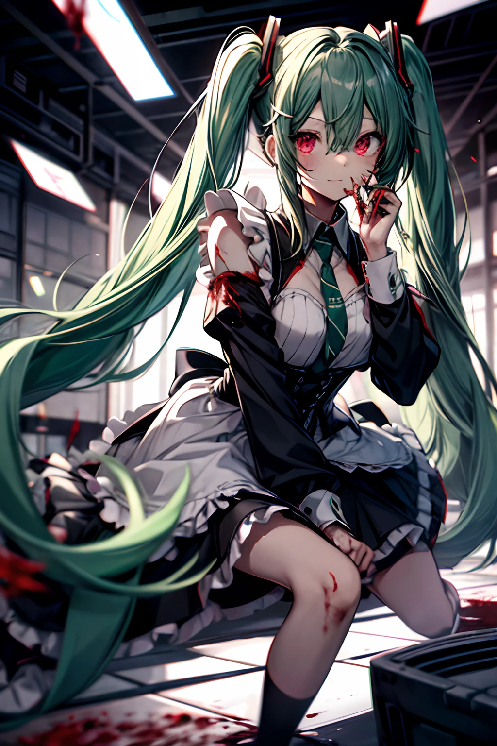 (2heads:1.5), crazy girl crazy  socks older green long hair shrine maiden   breasts white shirt. stabbed blood knife crying blood on walls, wooden floor blood on ground, blood on walls lots of red liquid spilled on floor. red water on ground sonozaki shion