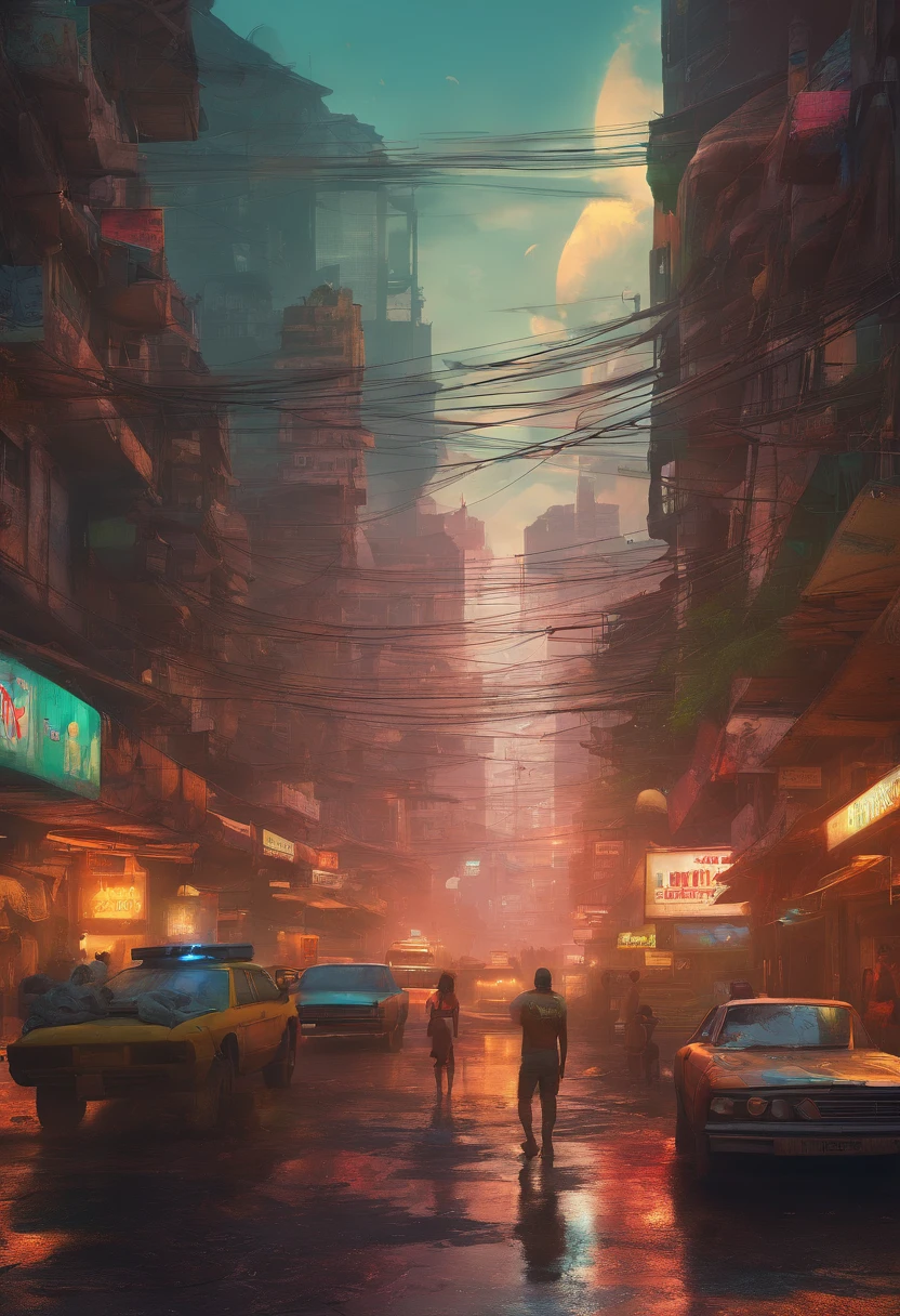 create people walking in an open-air market, Mad Max style, city in earthy tones, the city has signs in Portuguese, the city is in Rio de Janeiro, in Copa Cabana, there is no water or plants in the image. the city is in a cyberpunk future, there is rubble of destruction. the city is after the 3rd world war. large shops on the street, futuristic Mad Max style cars, several people on the street, postcard of the river in the background. Destroyed Christ the Redeemer seen from the street. postcard images of the river in the background. rubble in the street, dense smoke from pollution. There are no plants shown in the background or in the image. dense pollution. dust mist. image of sugar loaf in the background. tangle of power wires on street lamps. many power wires in the upper area of ​​the image
