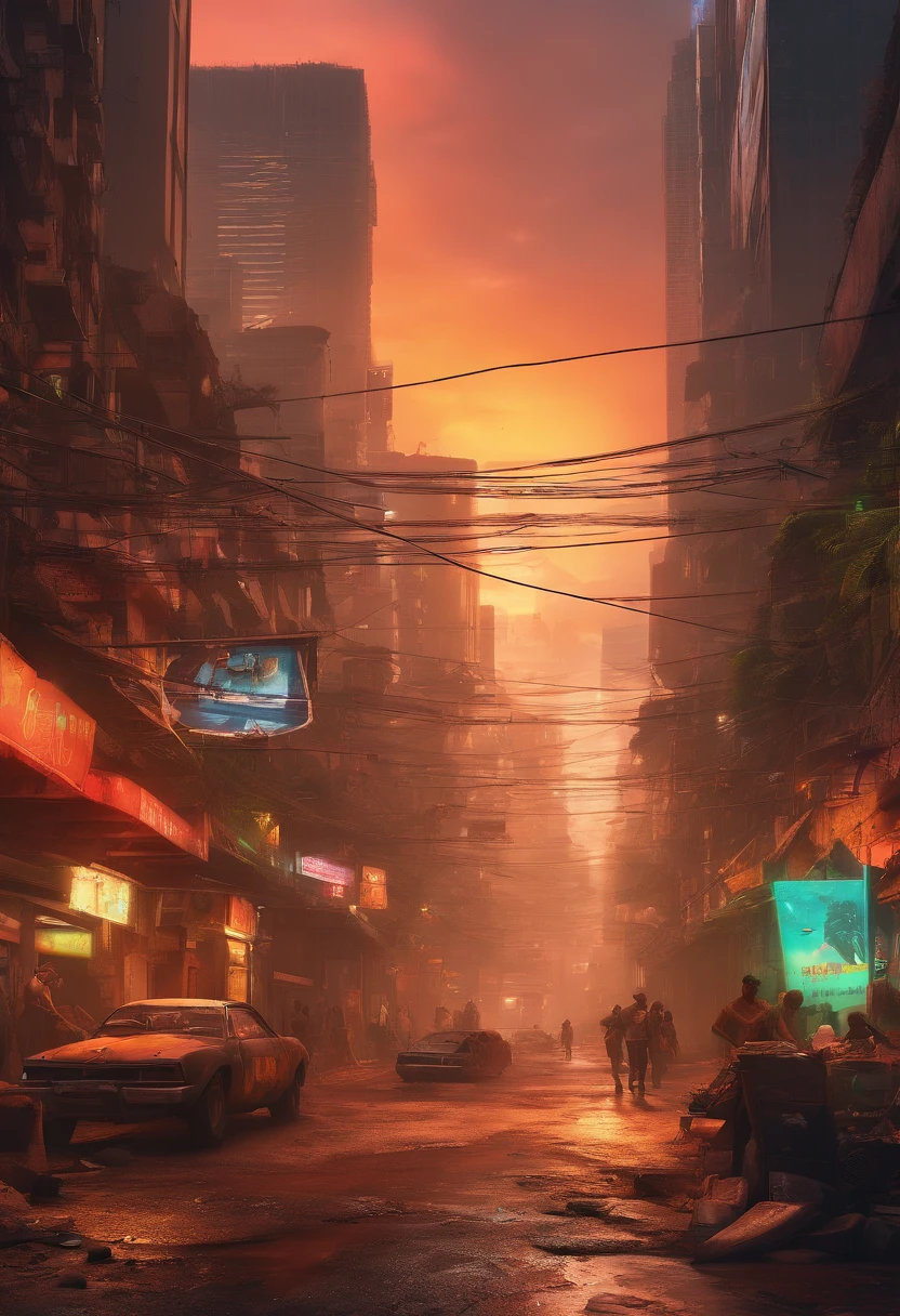 create people walking in an open-air market, Mad Max style, city in earthy tones, the city has signs in Portuguese, the city is in Rio de Janeiro, in Copa Cabana, there is no water or plants in the image. the city is in a cyberpunk future, there is rubble of destruction. the city is after the 3rd world war. large shops on the street, futuristic Mad Max style cars, several people on the street, postcard of the river in the background. Destroyed Christ the Redeemer seen from the street. postcard images of the river in the background. rubble in the street, dense smoke from pollution. There are no plants shown in the background or in the image. dense pollution. dust mist. image of sugar loaf in the background. tangle of power wires on street lamps. many power wires in the upper area of the image