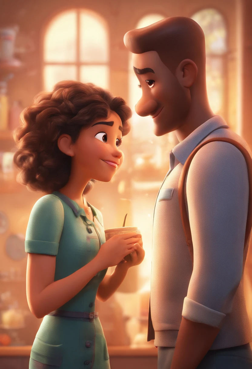 An illustration of an adorable couple, destacando um homem e uma mulher com bonito, Expressive eyes – the man's skin is black and the man's hair is bald and black, while the woman's skin is black and the woman's hair is curly and brown. They are a bright room, cada um com um sorriso no rosto, e compartilhar um momento especial caracterizado pelo amor, arroz, e insights educacionais. Illustrate this scene from a perspective where they are facing away from the camera, Showing Your Connection. Desenvolva esta arte em Full HD, Focus on your cinematic touch, Estilo Disney Pixar Animations
