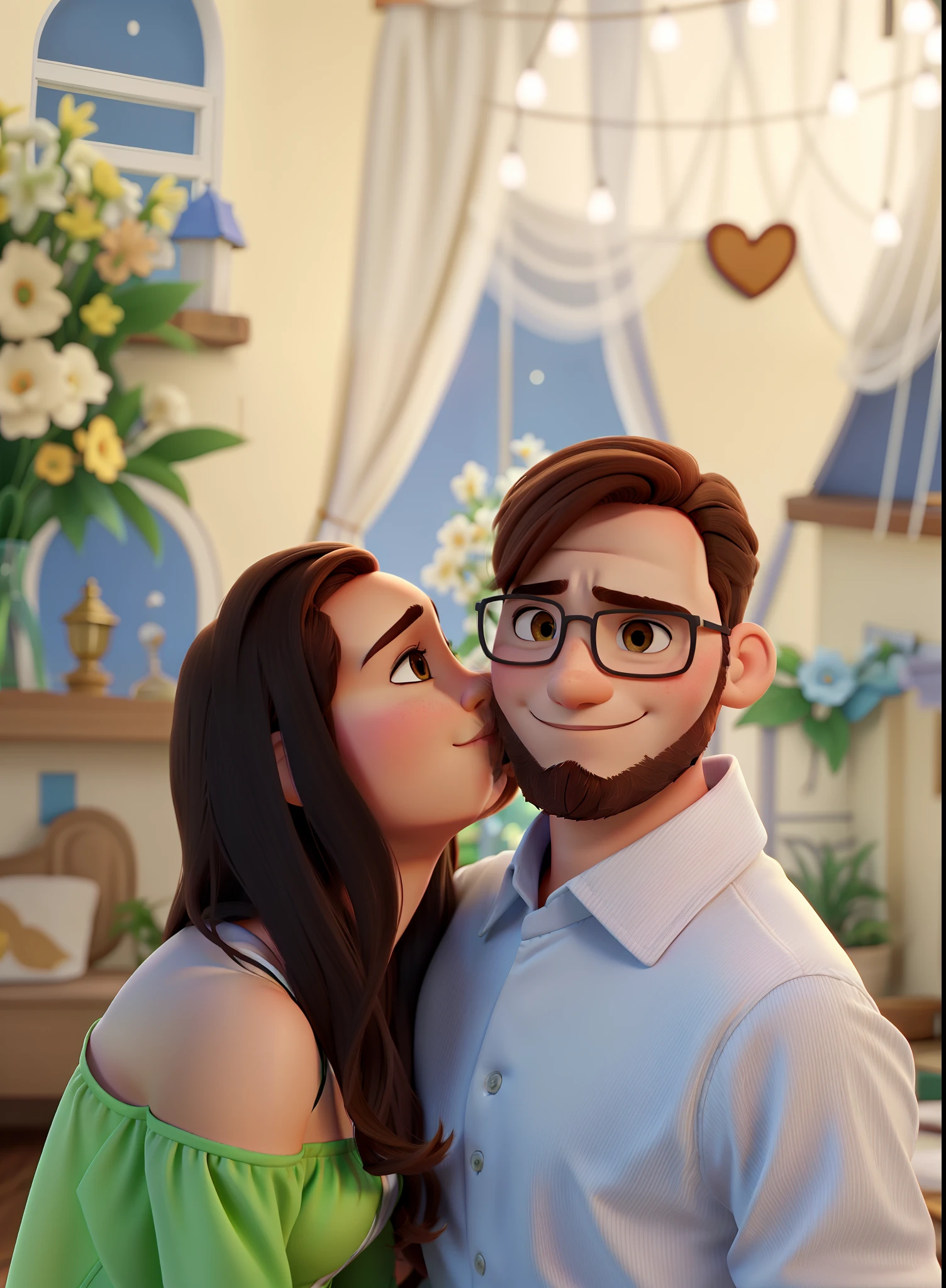 Um casal no pedido de casamento, White man with brown hair and gradient cut on the sides and brunette woman Disney Pixar style, alta qualidade, melhor qualidade