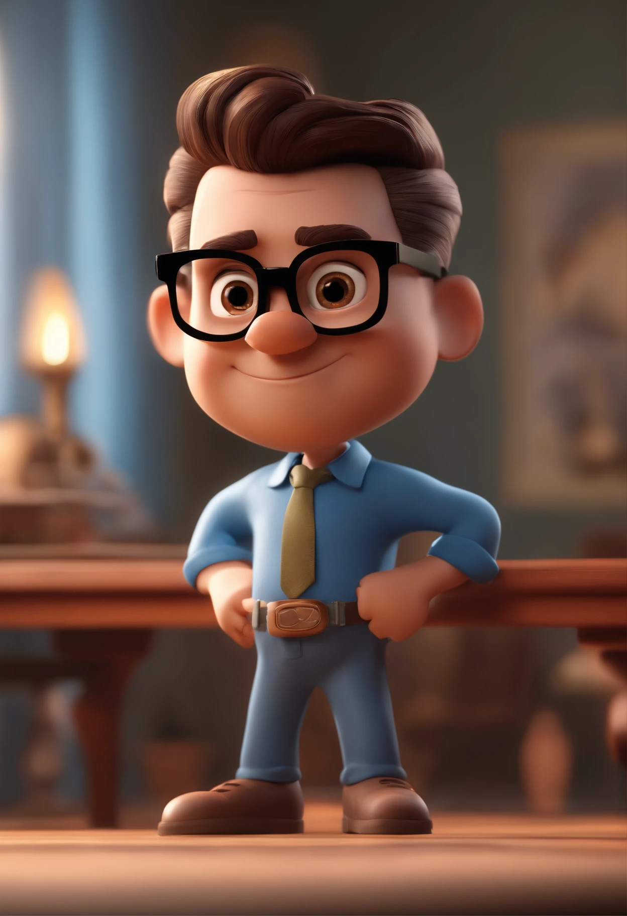 Cartoon character of a man with black glasses and a blue shirt, animation character, Caractere estilizado, animation style rendering, 3D estilizado, Arnold Maya render, 3 d render stylized, toon render keyshot, Personagem 3D, Personagem 3D, 3d rendering stylized, 3 d character render, personagem de desenho animado, Personagem de close up, Pose de personagem,  (Estilo Pixar) (master part:1.2) (Bokeh) (best quality) (pele detalhada) (textura detalhada) (8k) (argila) (Cinematic lighting) (foco nítido