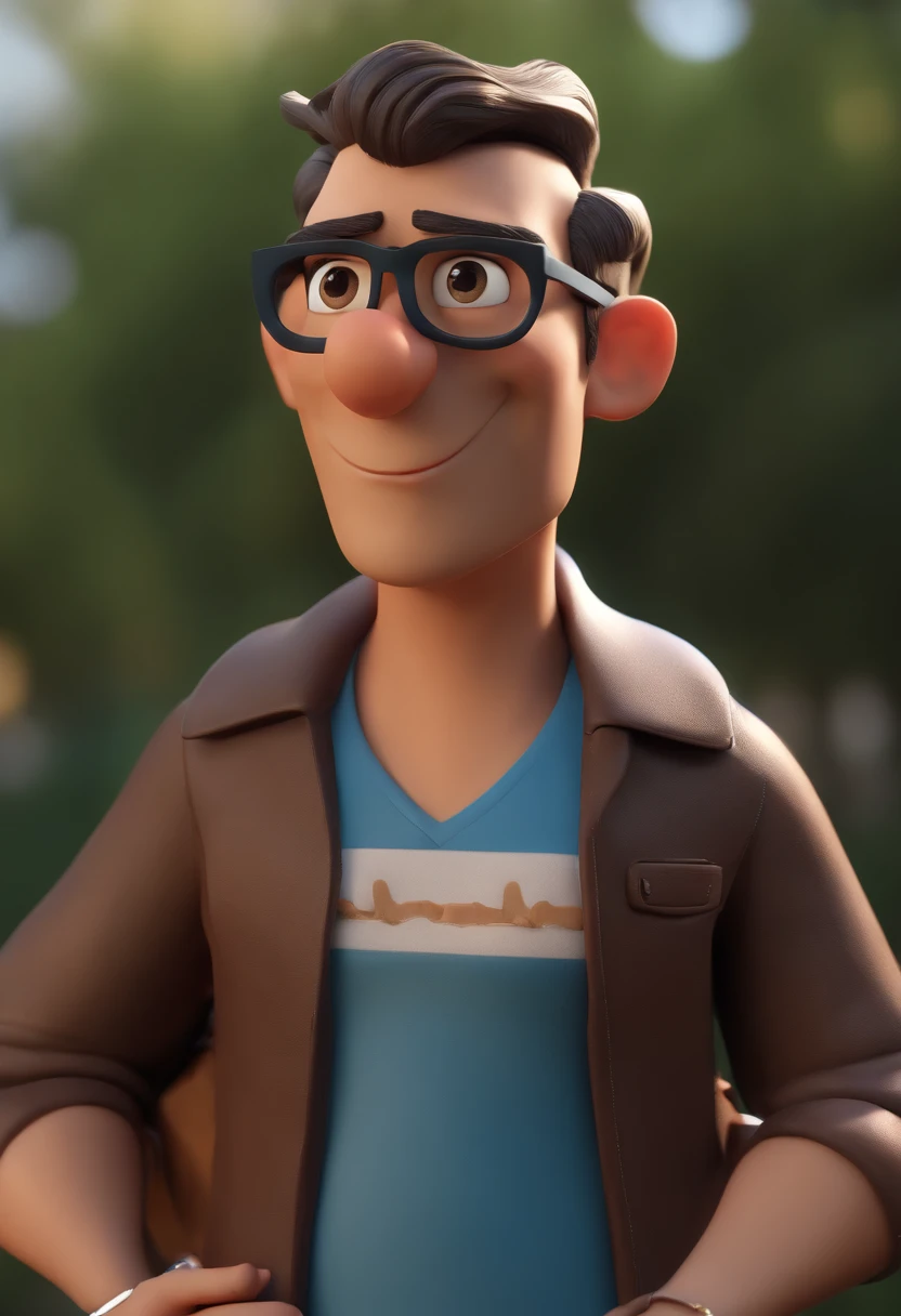 Cartoon character of a man with black glasses, cabelo cacheado marrom escuro e uma camisa azul, animation character, Caractere estilizado, animation style rendering, 3D estilizado, Arnold Maya render, 3 d render stylized, toon render keyshot, Personagem 3D, Personagem 3D, 3d rendering stylized, 3 d character render, personagem de desenho animado, Personagem de close up, Pose de personagem, (Estilo Pixar) (master part:1.2) (Bokeh) (best quality) (pele detalhada) (textura detalhada) (8k) (argila) (Cinematic lighting) (foco nítido