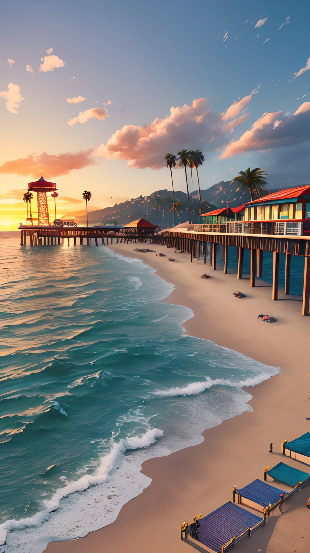 Now create a GTA V beach style image with Los Angeles Pier and tropical colors in ultra-realistic 3D 4K quality --auto --s2