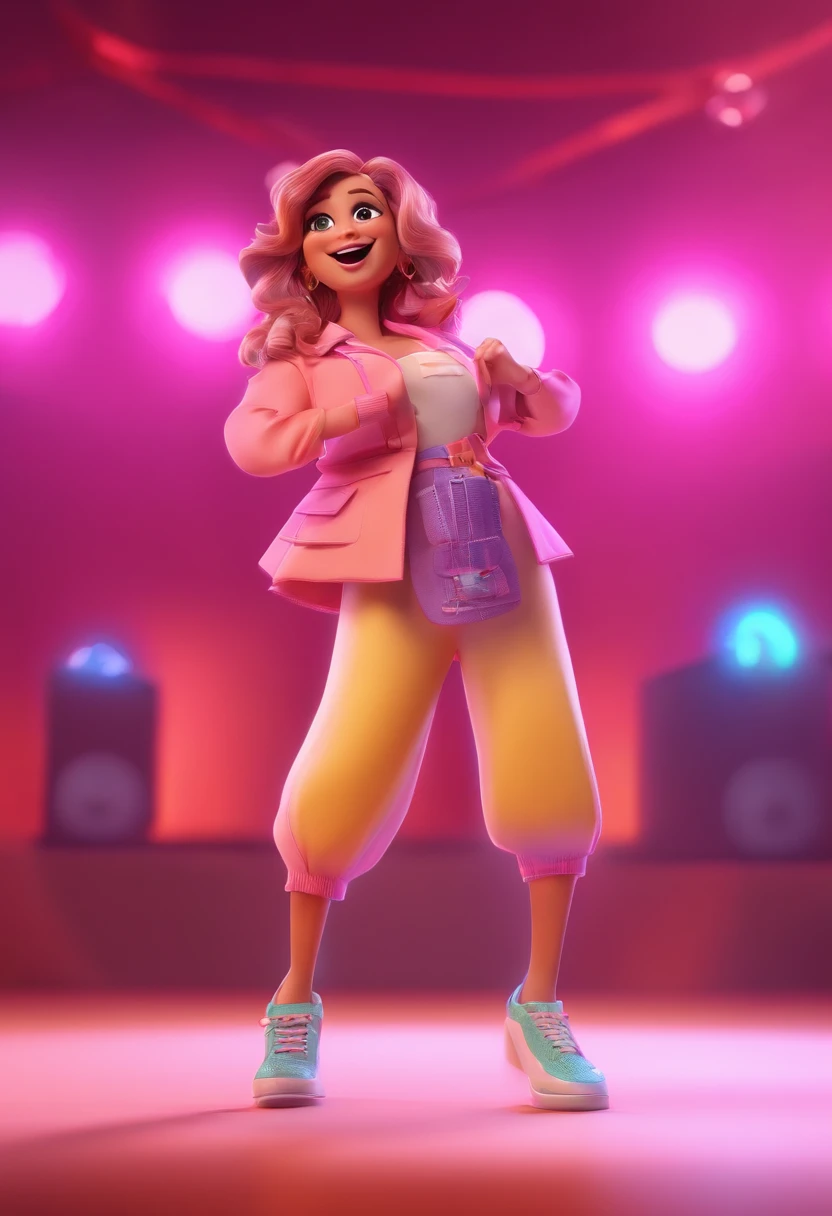 Estilo Pixar: cantora, sem cabelos, Pink Jumpsuit, microphone in hand, sobretudo laranja, no palco, with lights and audience in the audience