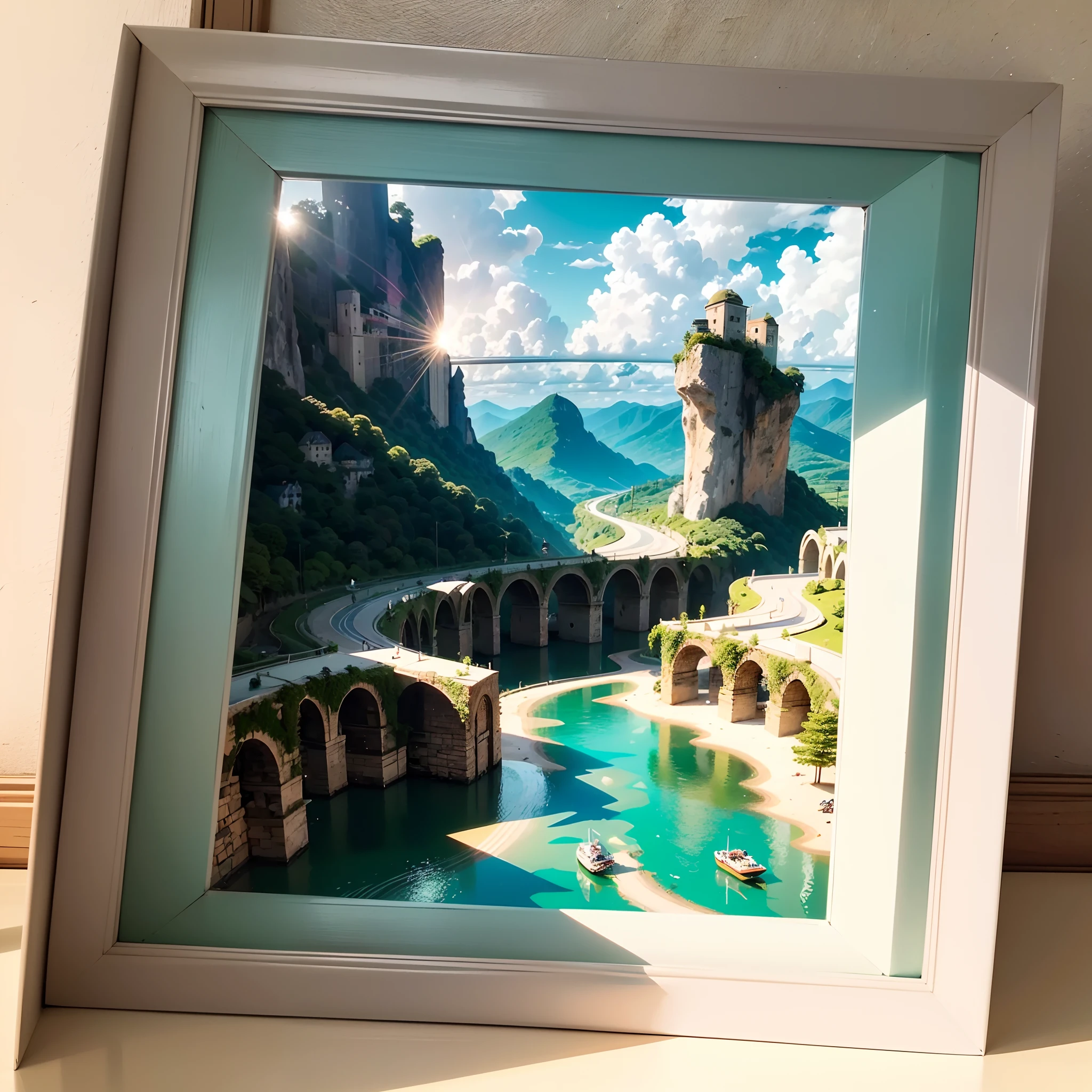 A beautiful photo frame(with blue sky and white clouds,Green Mountains and Green Water,terraced),((arte em papel cortado,layered paper art,Flat paper cutout,Stacked,Hollow-out on,3Drenderingof))