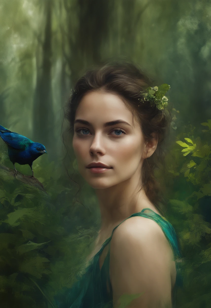 menina feliz, Centrado, looking at the camera, Approaching perfection, Dynamic, (tons de azul e ((verde floresta 1.5)))), altamente detalhado, pintura digital, Art Station, arte conceitual, liso, foco nítido, illustration, arte de Carne Griffiths e Wadim Kashin, Rosto detalhado, 4k
