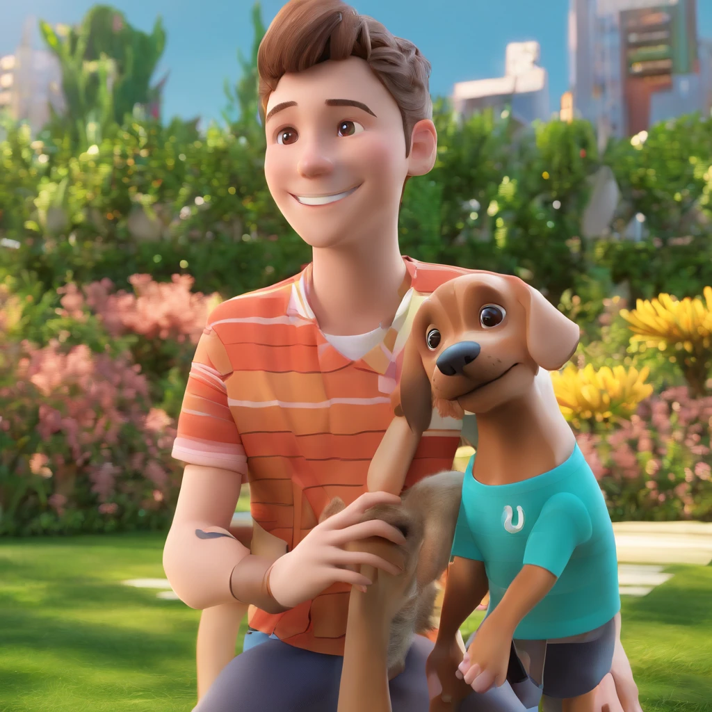 happy boy short light brown hair, light skin, orange short-sleeved shirt, looking at the puppy all yellow (no white color), puppy all yellow, looking at the boy, dog with fur all yellow (the dog has no white hair) , happy, Disney Pixar style, 3D, cartoon, cute, bright colors, intricate details, sideways, profile, looking at each other
