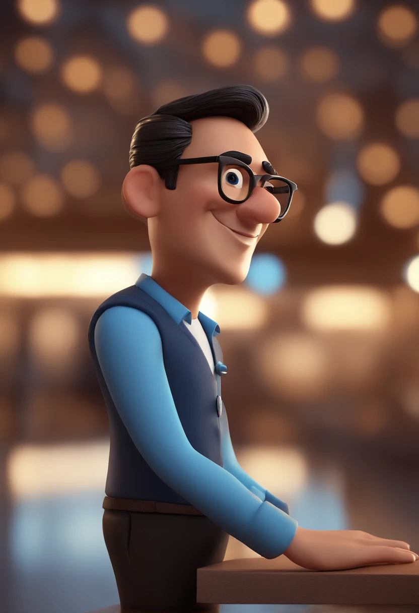 Cartoon character of a man with black glasses and a blue shirt, animation character, Caractere estilizado, animation style rendering, 3D estilizado, Arnold Maya render, 3 d render stylized, toon render keyshot, Personagem 3D, Personagem 3D, 3d rendering stylized, 3 d character render, personagem de desenho animado, Personagem de close up, Pose de personagem, (Estilo Pixar) (master part:1.2) (Bokeh) (best quality) (pele detalhada) (textura detalhada) (8k) (argila) (Cinematic lighting) (foco nítido