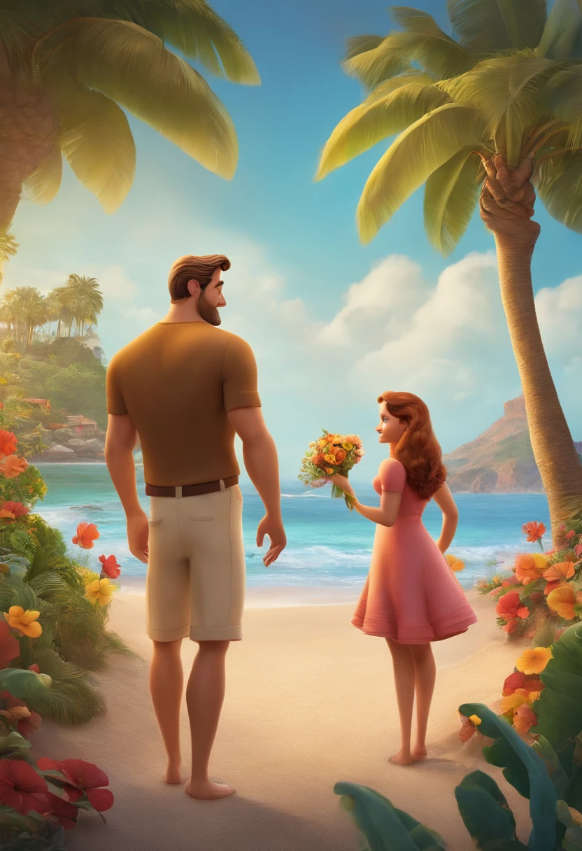 a Disney Pixar movie poster showing a white-skinned couple. Man is the tallest, Tem barba curta, cabelos curto castanho claro. A mulher tem olhos e cabelos castanhos, shoulder-length and pregnant. The background is a beach garden. 3D-rendering