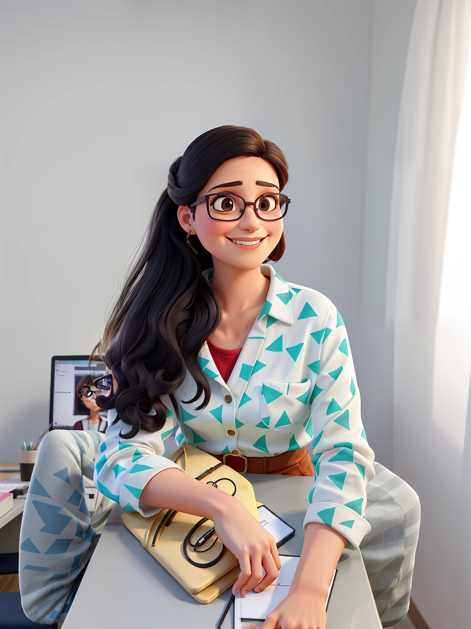 Smiling woman in glasses sitting at a desk with a laptop, Alanis Guillen, Adriana DXIM, Lorena Avarez, fernanda suarez, foto de perfil profissional, by Gina Pellón, inspired by Gina Pellón, imagem de perfil, with glasses on, Betty feia, With eye Glasses, foto de perfil profissional, Anos Imane, Valentina Embaralhamento