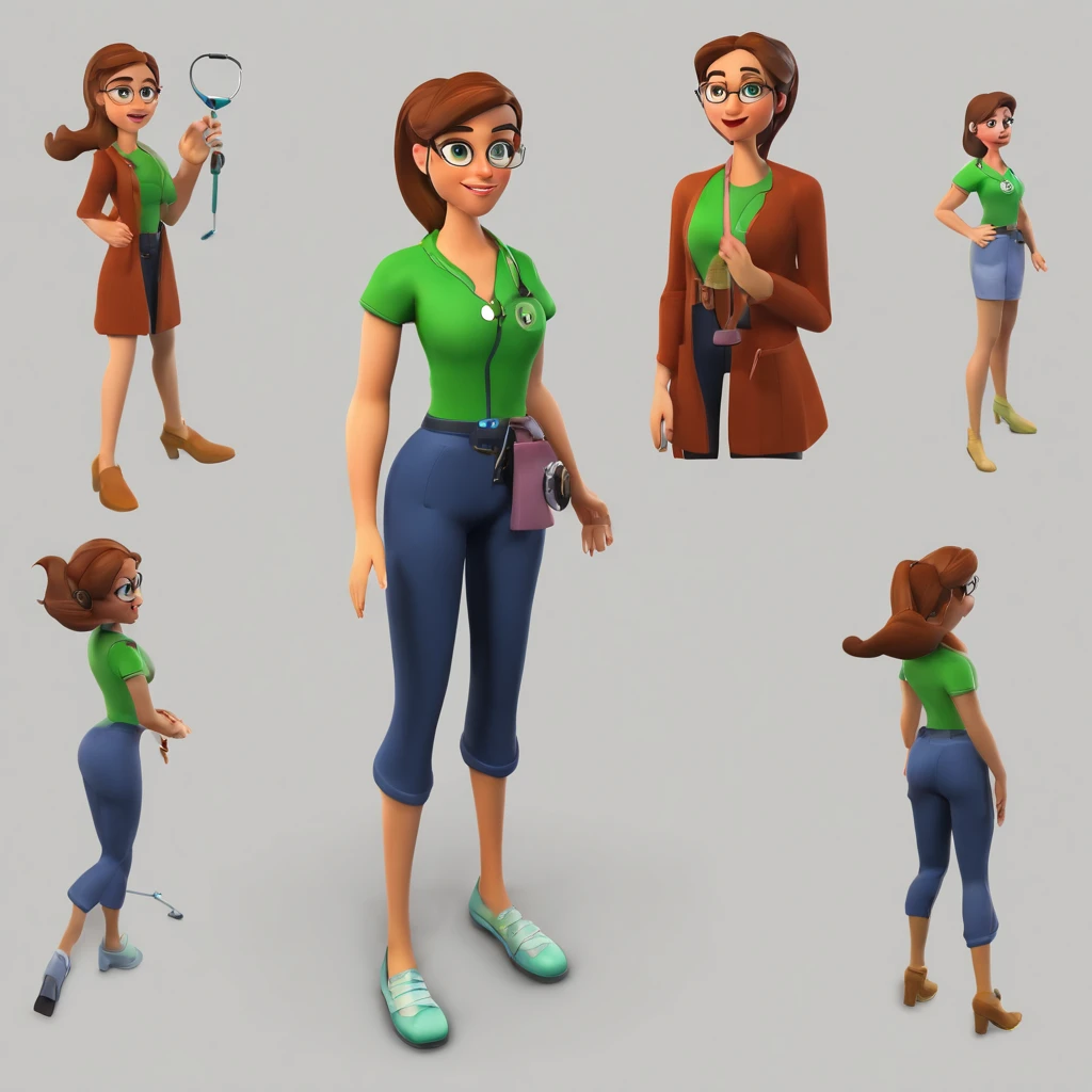 Crie uma cena de desenho animado  estilo 3d -Pixar, Onde uma mulher, de cabelos longos e lisos  castanhos com 31 anos de idade, Green blouse black pants holding stethoscope