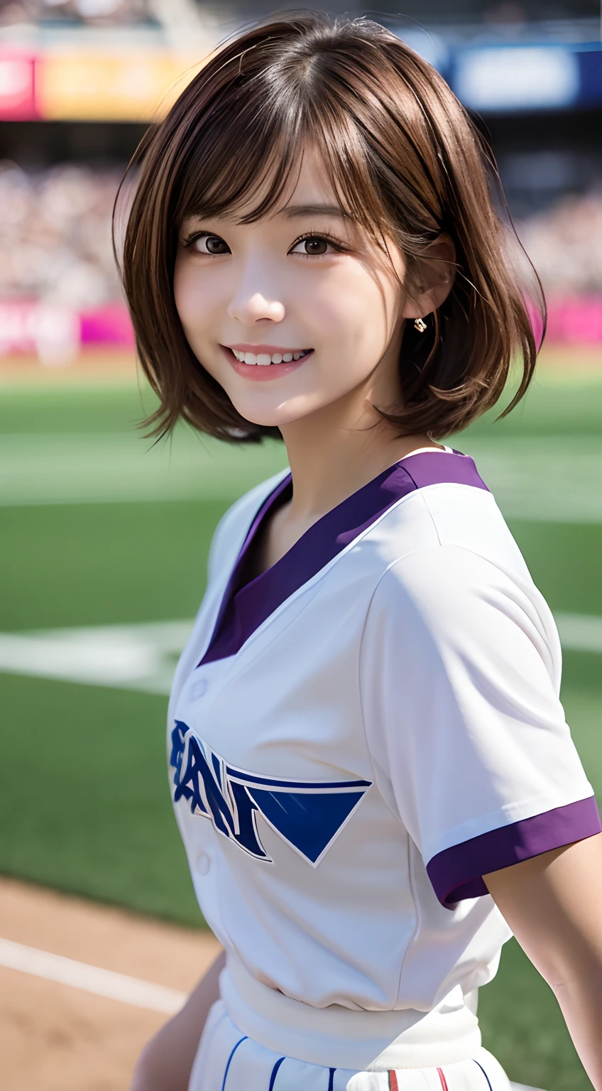 (top-quality,8K picture quality,masterpiece:1.3,),(超A high resolution:1.3,Photorealsitic:1.4,Raw photography:1.2),(ultra-detailliert:1.2,shinny skin,Detailed skin:1.1),(Detailed face,Perfect Anatomy,Caustics:1.2),(Girl cheering in the stadium),sideways Facing,Stranger,composition from the waist up,kawaii,japanes,22year old,Japanese ido,Natural brown hair,Curl short hair outward,Pretty eyes,natural make up,Oversized baseball uniform shirt,white skirt,huge smile,Professional Lighting,natural soft light,