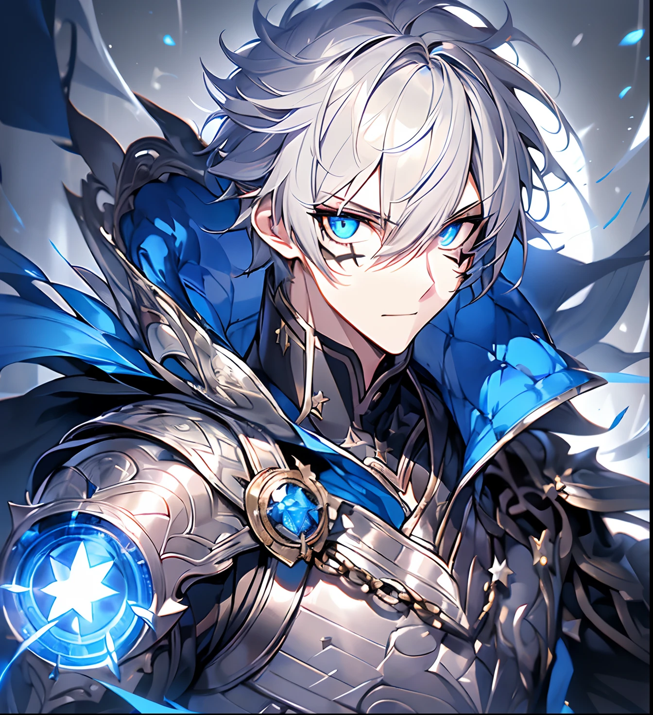 1boy, male focus, grey coat, Knight clothes, bangs, spider lily, solo, detailed face, looking at viewer, upper body, cowboy shot, blue eyes, ((right eye black sclera and electric blue four-pointed star-shaped pupil)), Blonde hair, detailed eye, ultra detailed, Knight of light, Dinámic pose, (dark blue aura around him), (masterpiece:1.2, best quality)