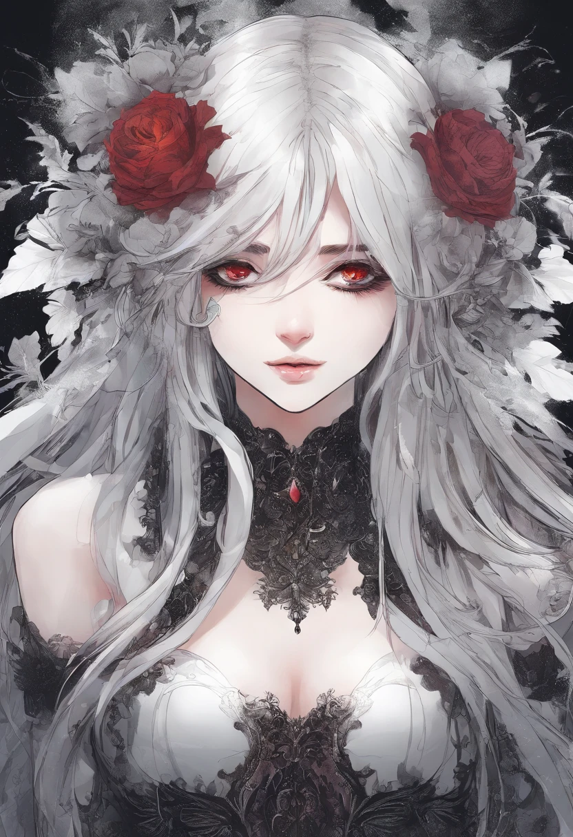 1girl,solo,1girl,solo,((beautiful detailed eyes)), (detailed light),depth of field,(white hair),silver eyes,hair over one eye,(red flower ), hair flower,long hair,naked,wet,emotionless,looking back,night,starfall,raining,fog,red flowers falling,sketch,upper body,intense shadows, full body