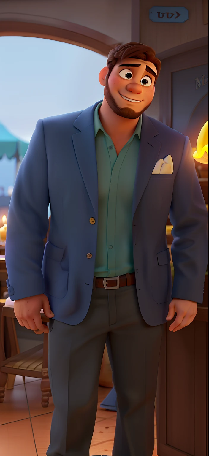 Poster no estilo Disney pixar, alta qualidade, melhor qualidade, homem sexy branco, 30 anos cabelo grisalho barba preta, musculoso, com fundo em um restaurante a luz de velas