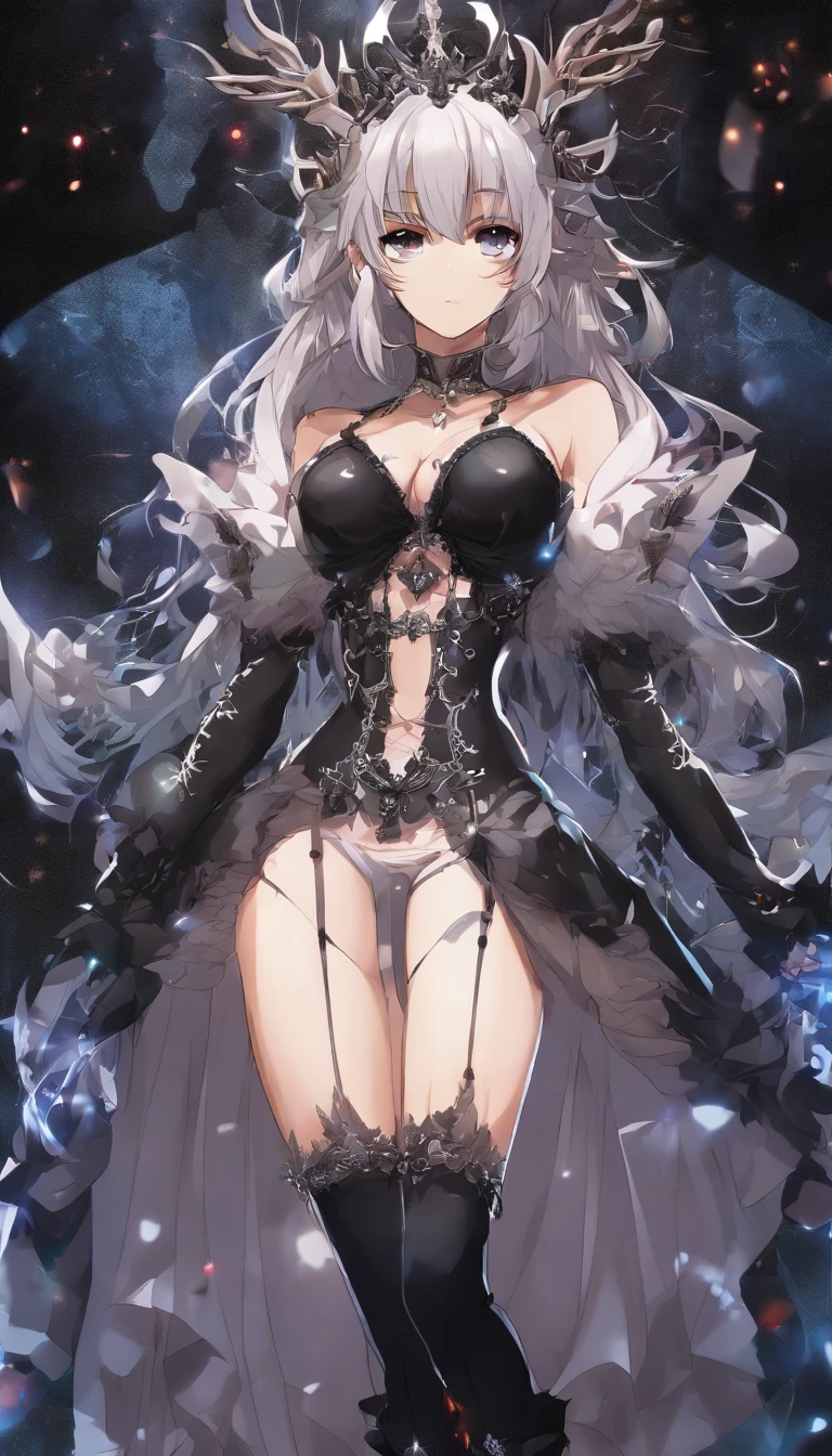 heaven and hell scene. abstract background, stunning hot manga waifu with extra long curly hair, completely naked but (((wearing a see-thru laced sexy stanta claus dress))), (((stanta claus dress))), deep decolletage, big natural breasts, revealing clothes, visible navel, stockings. 36 y.o Caucasian woman. 3d render, 8K, studio photo, various light effects, bokeh, rays of lights, fire particles all over the place, (((realistic skin texture))), high heels, thigh gap, trimmed pussy, wide hips, flat skinny belly, big nipples