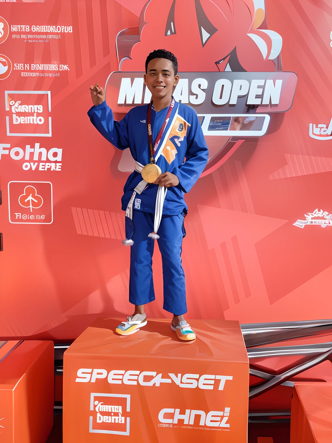 there's a in the Pixar world standing on a podium with a medal on his chest, kimono branco, Jiu-Jitsu Tournament, 1 st place, 1 st winner, competition winning, cor da pele morena, corte de cabelo baixo, sorriso no rosto