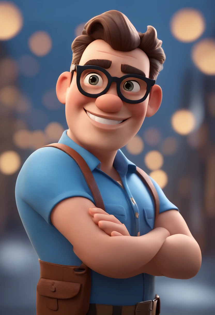 Cartoon character of a man wearing black glasses and a blue shirt, um personagem animado, Caractere estilizado, animation style rendering, 3D estilizado, Arnold Maya render, 3 d render stylized, toon render keyshot, Personagem 3D, Personagem 3D, 3d rendering stylized, 3 d character render, personagem de desenho animado, Personagem de close up, Pose de personagem, (Estilo Pixar) (master part:1.2) (Bokeh) (best quality) (pele detalhada) (textura detalhada) (8k) (argila) (Cinematic lighting) (foco nítido,Senta e vaza a parte superior do corpo
