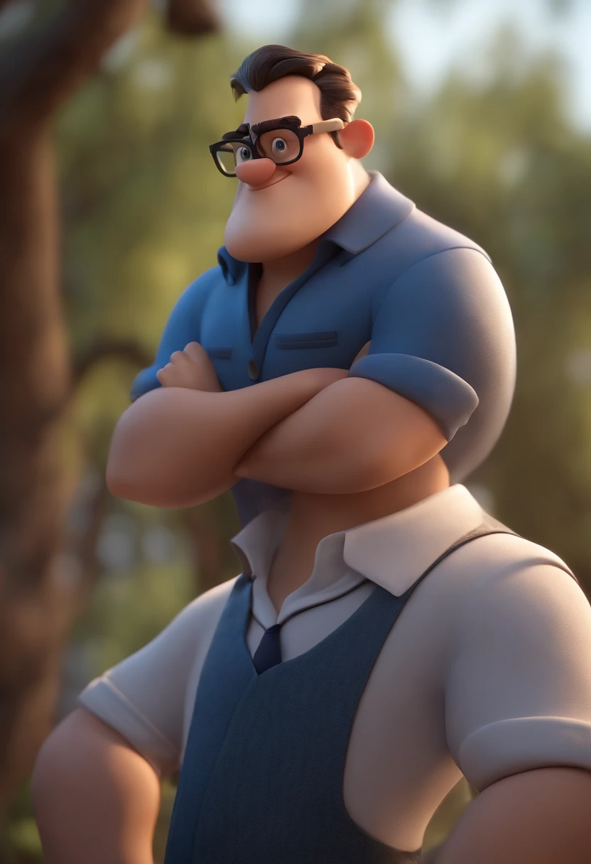 Cartoon character of a man wearing black glasses and a blue shirt, um personagem animado, Caractere estilizado, animation style rendering, 3D estilizado, Arnold Maya render, 3 d render stylized, toon render keyshot, Personagem 3D, Personagem 3D, 3d rendering stylized, 3 d character render, personagem de desenho animado, Personagem de close up, Pose de personagem, (Estilo Pixar) (master part:1.2) (Bokeh) (best quality) (pele detalhada) (textura detalhada) (8k) (argila) (Cinematic lighting) (foco nítido,Senta e vaza a parte superior do corpo