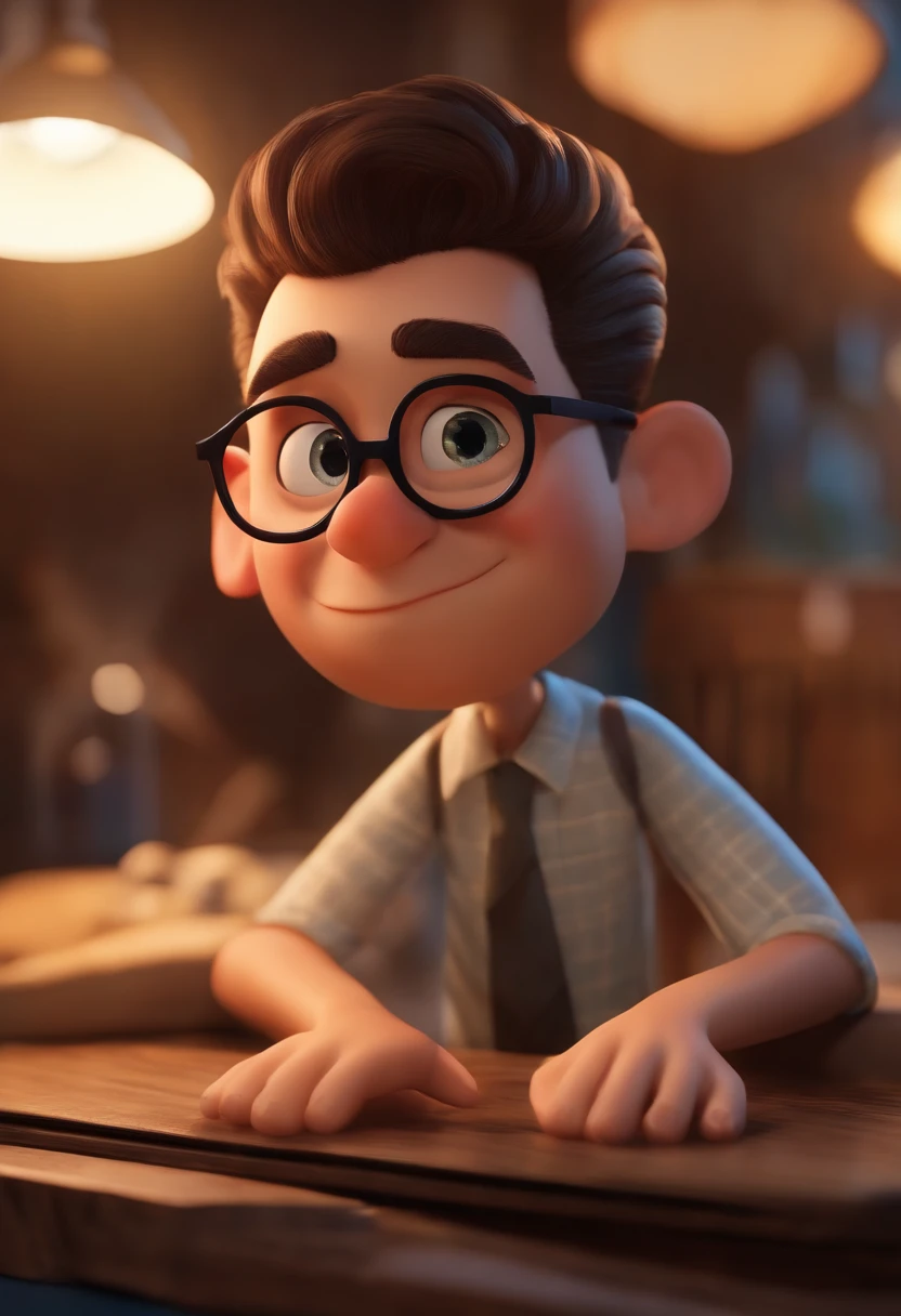 Personaje de dibujos animados de un hombre con gafas negras y una camisa azul, Un personaje animado, stylized character, Rendering animation styles, 3D estilizado, Arnold Maya render, 3D render estilizado, Toon renderizar keyshot, Personaje 3D, Personaje 3D, Renderizado 3D estilizado, Renderizado de 3 caracteres D, Personaje de dibujos animados, Personaje de primer plano, Pose del personaje, (estilo pixar) (Pieza maestra:1.2) (Bokeh) (La mejor calidad) (Piel detallada) (Textura detallada) (8k) (arcilla) (cinematic lighting) (foco nítido,Se sienta y ahueca la parte superior del cuerpo