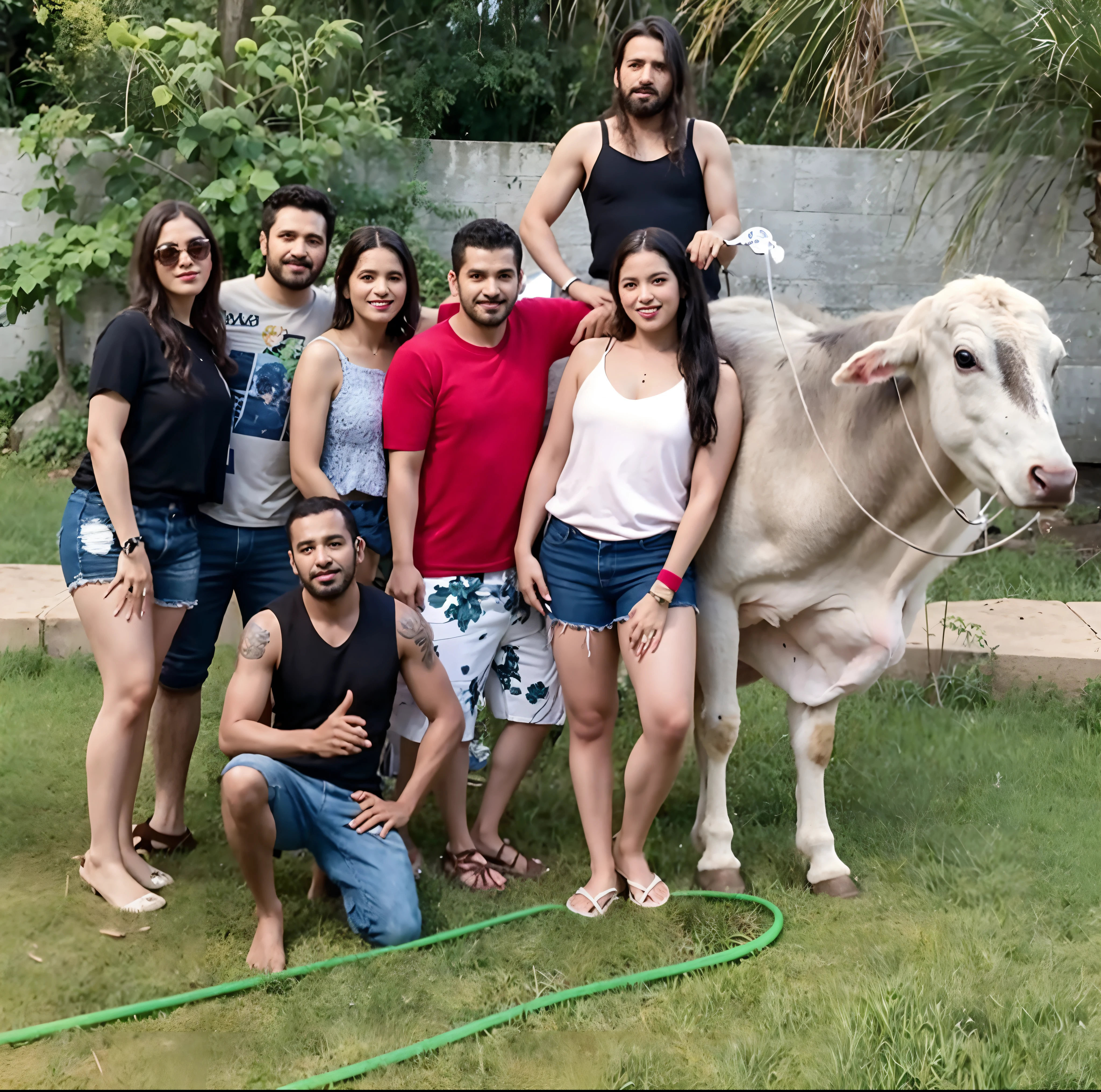 Several people are posing for a photo with a cow in the backyard, Directed by: Nandor Soldier, lucas graziano, Directed by: Felipe Seade, Directed by: Luis Miranda, Malika Favre, imagem de perfil, Dan dos Santos, Directed by: Willian Murai, Edon Guraziu, Foto realista, daniel mirante, david rios ferreira, 🐎🍑