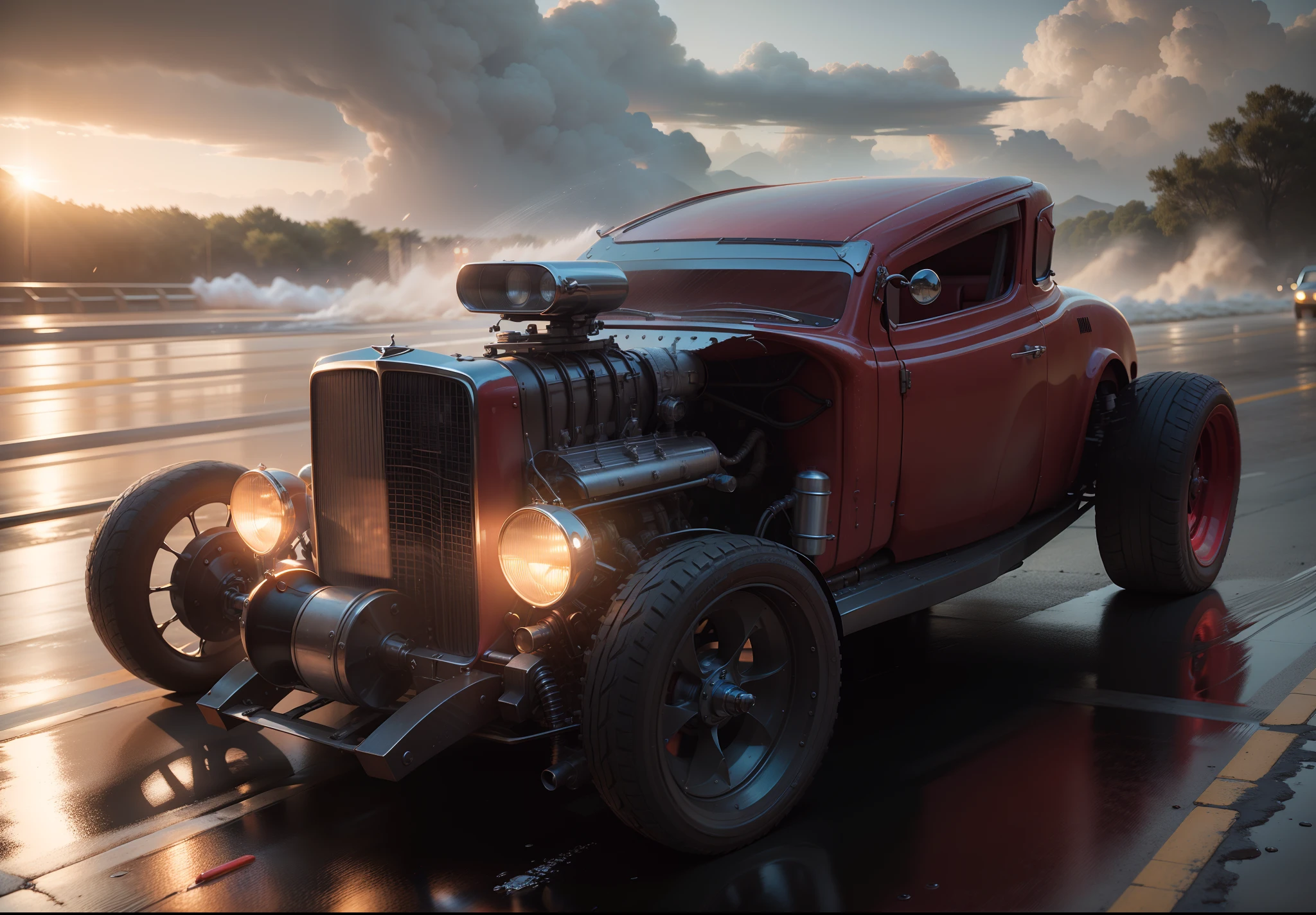 Necessidade de velocidade, Red Hot ROD Roadster Ford 1932, correndo pela rua molhada, quase, spreading water on the street, hyper realistic, motion blur, blurry background, altamente detalhado, divine proportion, (((Enquadrado))), perfect composition, perfect lighting, octan render, 8k, Artistic photography, trending on ArtStation, foco nítido, Studio photo, detalhes intrincados, altamente detalhado, Directed by: Greg Rutkowski