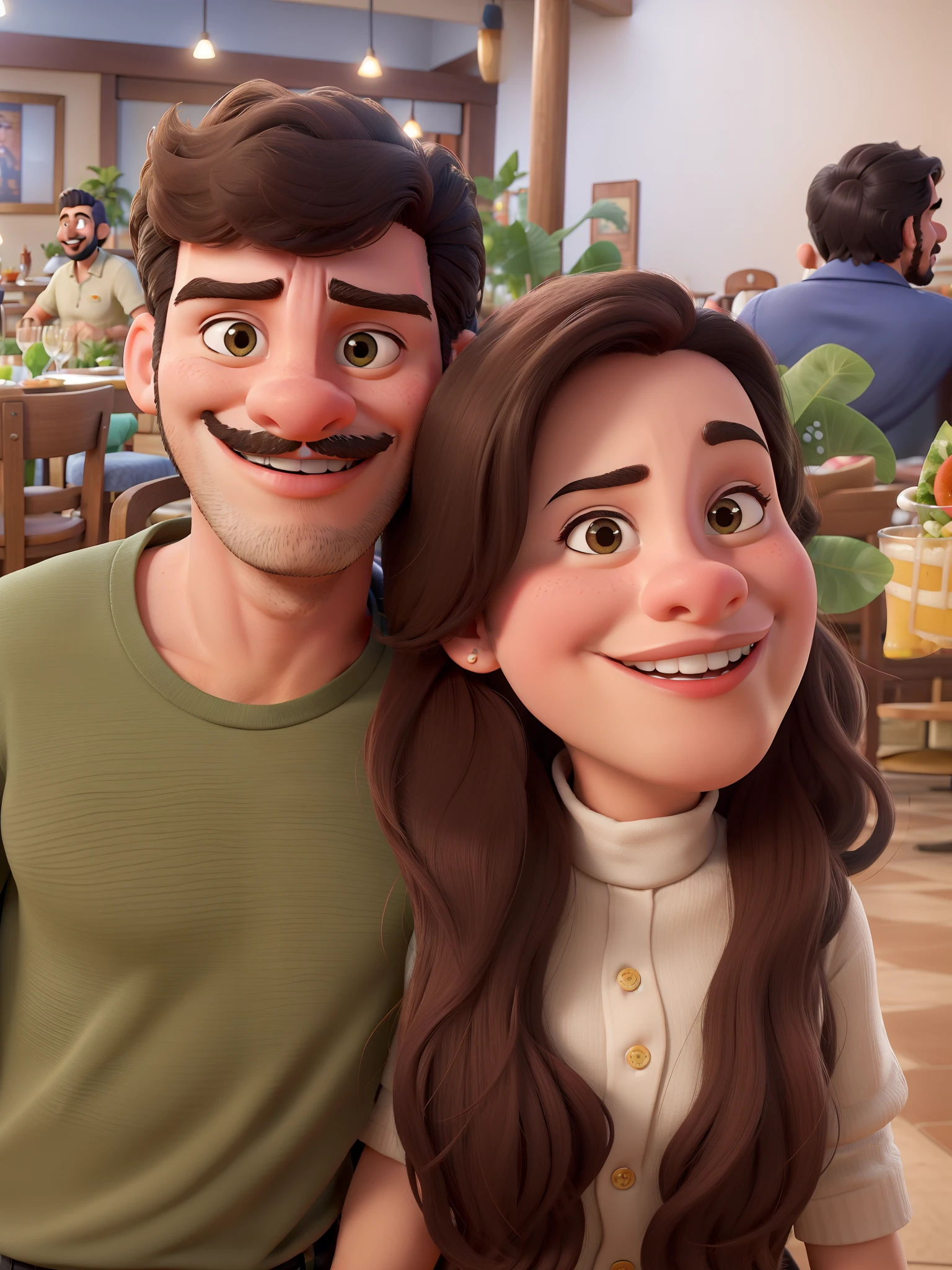 Casal estilo Disney sorrindo no restaurante, bigode delicado e fino e barba no queixo e pelos castanhos claros