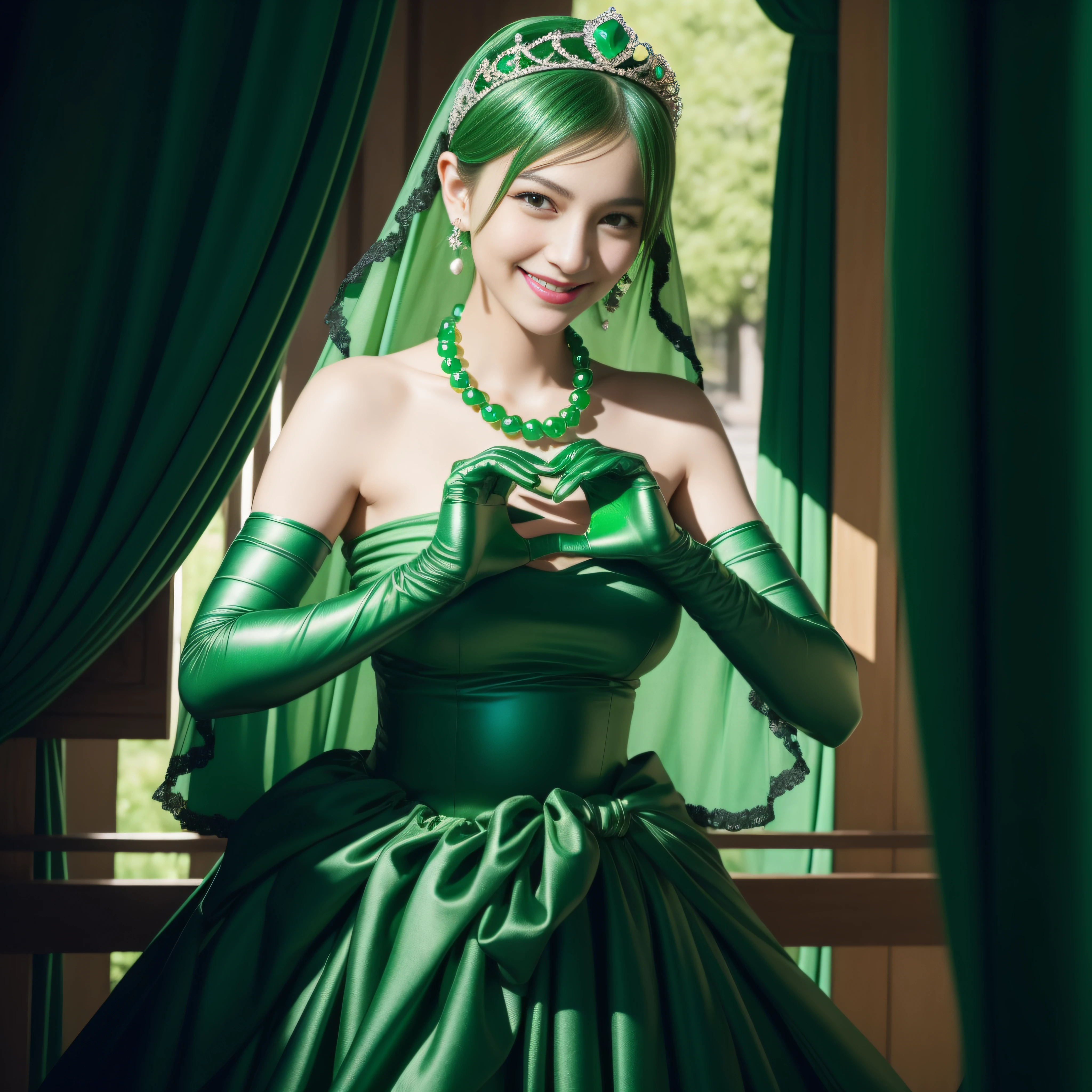emerald tiara, Green Pearl Necklace, Boyish very short green hair, lipsticks, Japan woman smiling, very short short hair, big breasts beautiful, Green eyes, Long green gloves made of satin material, Green eyes, Emerald Earrings, green vale, Heart with both hands,Pregnant Woman