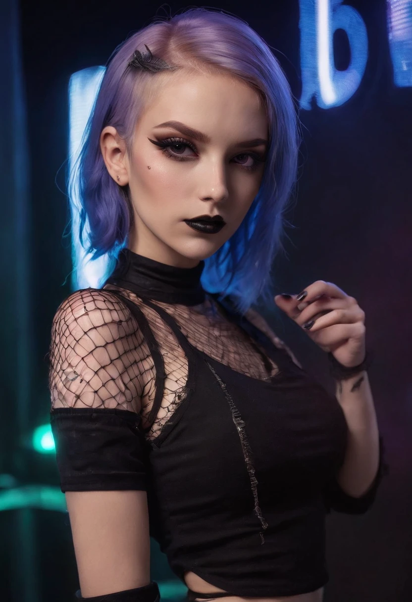 Punk woman wearing a black fishnet top posing for a photo in a club at night, night club lights, black make-up, techno aesthetic, techno fashion, neon lights, ultra detailed, masterpiece.