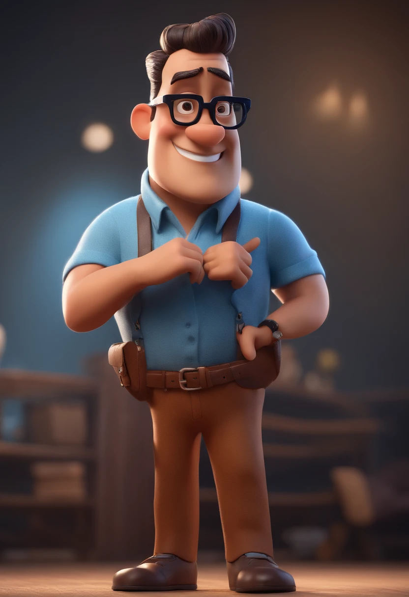 Cartoon character of a man with black glasses and a blue shirt, animation character, Caractere estilizado, animation style rendering, 3D estilizado, Arnold Maya render, 3 d render stylized, toon render keyshot, Personagem 3D, Personagem 3D, 3d rendering stylized, 3 d character render, personagem de desenho animado, Personagem de close up, Pose de personagem, (Estilo Pixar) (master part:1.2) (Bokeh) (best quality) (pele detalhada) (textura detalhada) (8k) (argila) (Cinematic lighting) (foco nítido