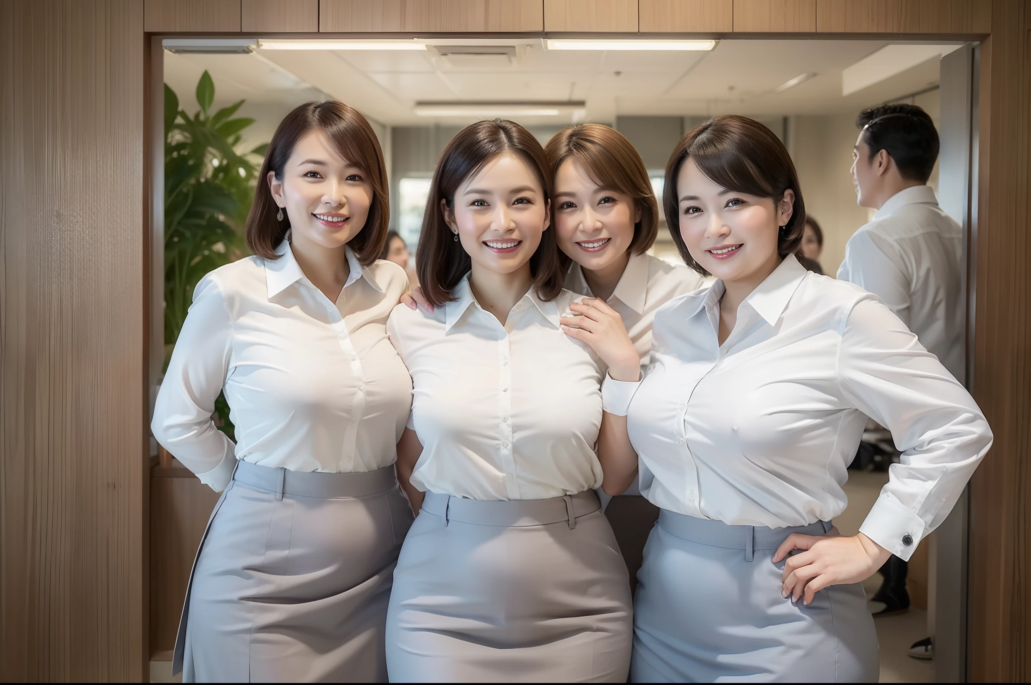 ((Best Quality, 8k, Masterpiece, Portrait: 1.3)), (looking at viewer), (close up:0.85), attractive business milfs, 8 people, a bit chubby:0.35, white collared shirt, grey skirt, (big brests and big wasit:0.5), smile, nobody office,