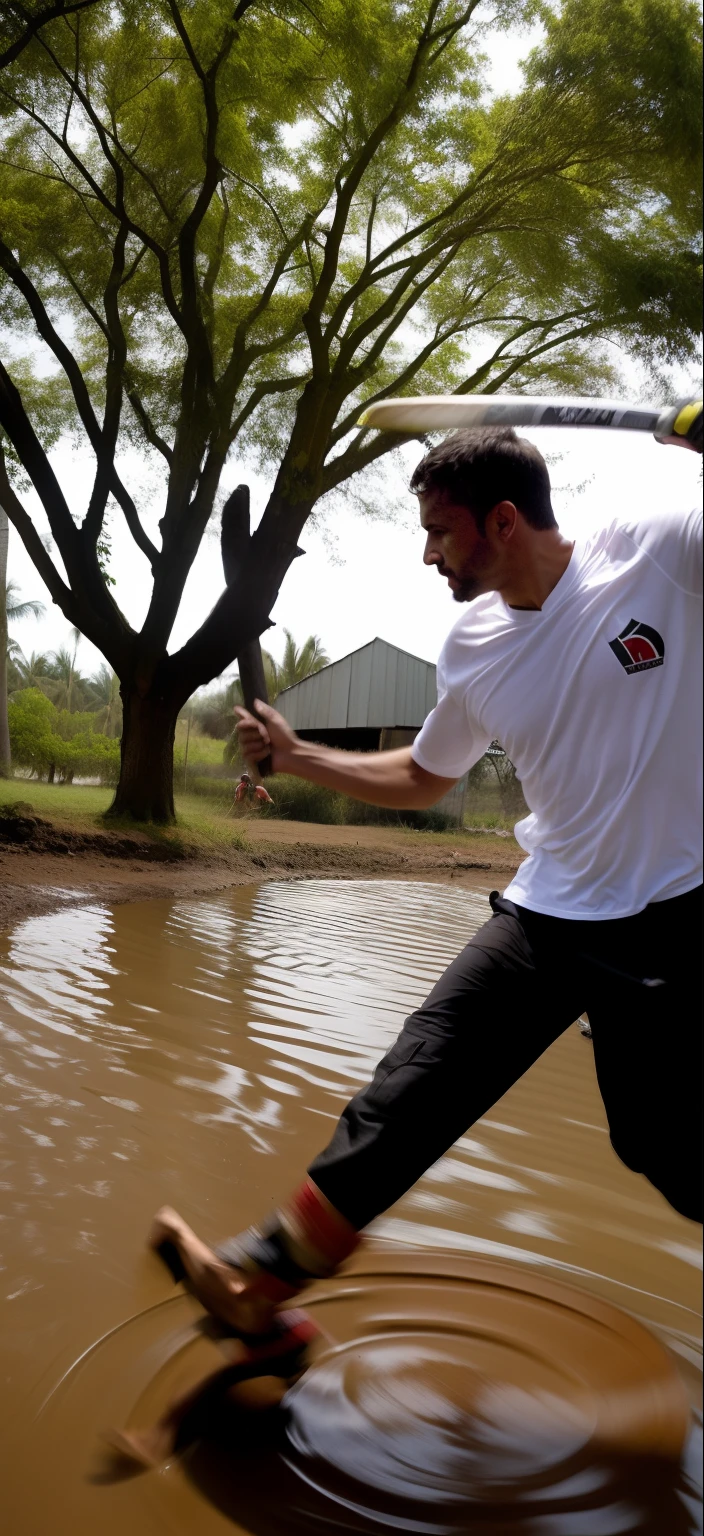 There's a man kicking a frisbee in the mud, hand to hand combat with machete, dramatic action shot, cinematic action shot, dynamic action shot, postura de luta, malhar no campo, in an action pose, epic action shot, dramatic action pose, combate corpo a corpo, action shot, Cinematic fight in the middle of the shot, postura de luta, Pose de luta, action pose