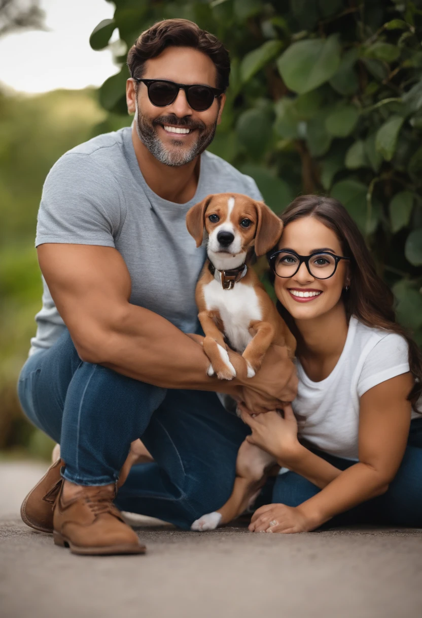 Pixar. Casal com um filhote de cachorro beagle marrom. A menina tem os cabelos loiros amarrados, Camiseta cinza e jeans claro, white glasses. O menino de cabelos pretos com cabelos grisalhos, barba pequena, oculos, Dark blue jeans and gray t-shirt. They are both smiling and are 40 years old