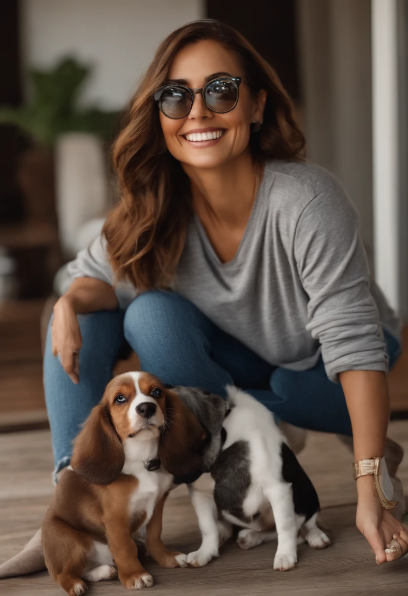 Pixar. Casal com um filhote de cachorro beagle marrom. A menina tem os cabelos loiros amarrados, Camiseta cinza e jeans claro, white glasses. O menino de cabelos pretos com cabelos grisalhos, barba pequena, oculos, Dark blue jeans and gray t-shirt. They are both smiling and are 40 years old