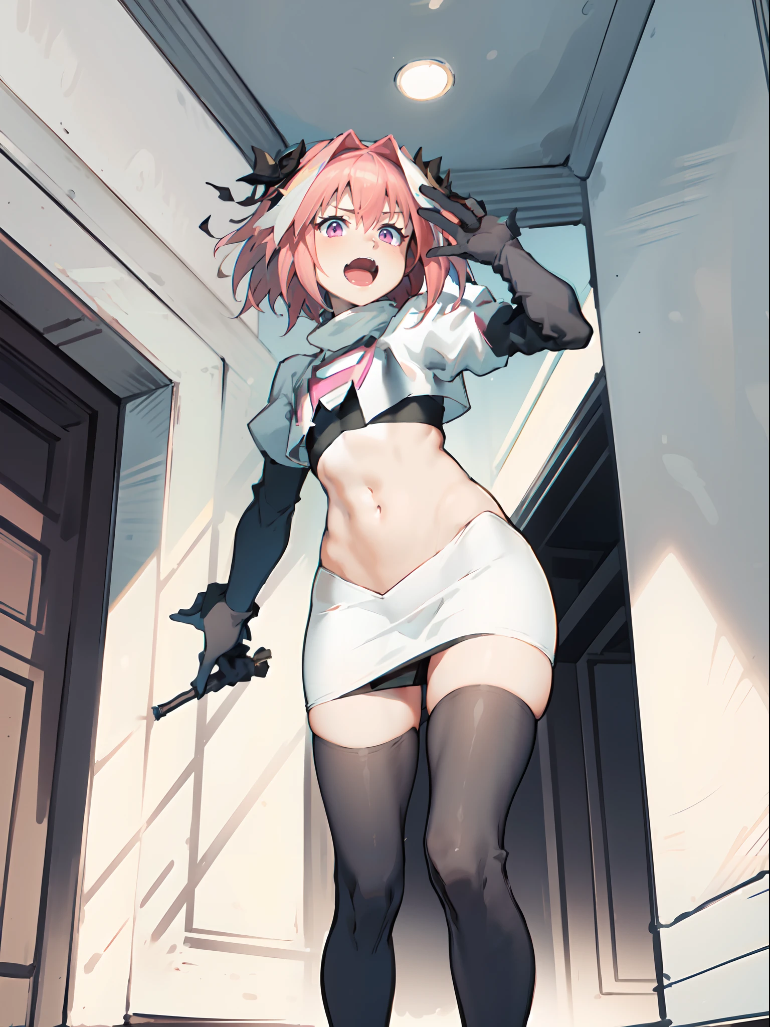 absurdres, masterpiece, best quality, (astolfo fate:1.2155), 1boy, male focus, trap, pink multicolored hair, pink hair, white hair, hair intakes, long hair, pink detailed eyes, crossdressing,1boy,team rocket,team rocket uniform,white skirt,crop top,black thigh-highs,black elbow gloves,