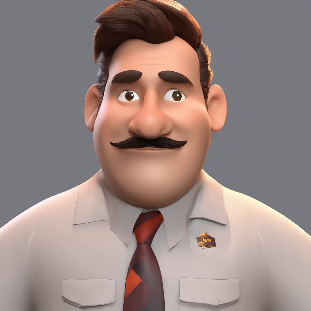 Criar um personagem no estilo Pixar. Trata-se de um homem de 30 anos, com barba, Branco, com cabelos castanhos curtos e um quiff, e olhos castanhos. Ele deve estar na frente de um computador, Trabalhar como designer