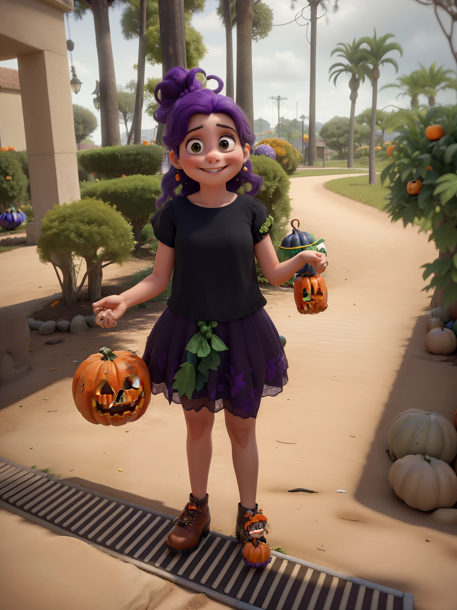 de 3 anos, cabelos castanhos claros quase loiro, with a short and round skirt dress in black with details on the edges of purple, holding in her right hand a pumpkin-shaped jar used in Halloween parties to collect candy and in her left hand an orange cup with a black lid and orange straw. Ela esta sorrindo e se divertindo com a festa de Halloween. Esta em um jardim com arbustos verdes que limitam um estacionamento que esta com dois carros parados, um de cada lado
