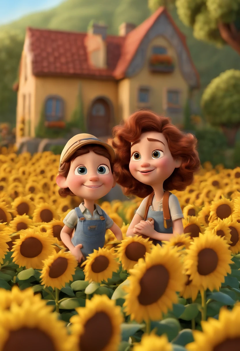 Create a Disney PIXAR-style 3D poster. ((centro da imagem, Triplets)), ((3 )) ((1 menino no meio e 2 meninas ao lado, They're hugging each other, O menino tem pele castanha e cabelos castanhos escuros e olhos castanhos escuros, 1 menina tem pele clara, olhos e cabelos escuros e cacheados, e a outra menina tem pele morena, olhos escuros e cabelos escuros e lisos)) ((tudo isso no estilo Disney PIXAR 3D, In the background, A house of sunflowers, Gloria Studio, The garden is full of nature 3D render RTX clay material, estilo de design cartunesco, POP Mart, soft lighting, linhas suaves, Spring tilt, Detailed illustrations of PIXAR 3D, Detalhes hiper-realistas, cor quente no estilo Disney PIXAR 3D))