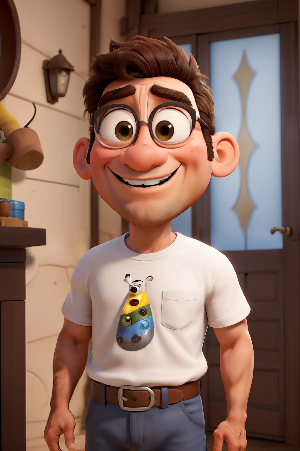 Obra-prima, Disney pixar homem 52 anos, totalmente careca, branco, bigode grosso, olhos pretos, olhar fundo com poucas olheiras, camisa preta com uma listra transversa na cor branca