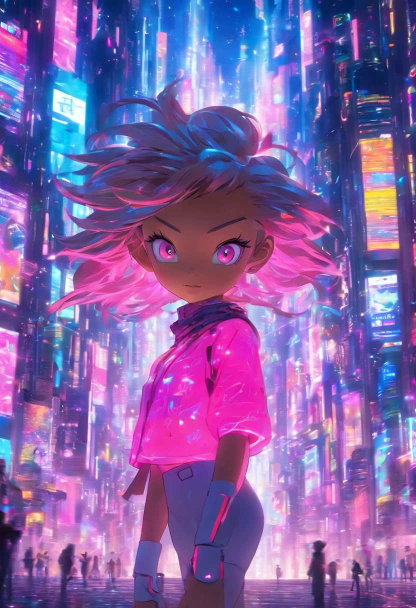 "Create a semi-realistic 3D scene with an adorable young girl with pink eyes, orelhas pontiagudas, um corpo esguio, cabelo cor-de-rosa e uma estatura ligeiramente alta, placed within a futuristic cityscape during a festive occasion. The scene should capture the girl's charm and innocence as she navigates the vibrant, cidade futurista cheia de festividades. Emphasize the contrast between your youthful and advanced appearance, ambiente movimentado ao seu redor, where the holographic displays, Futuristic architecture, e uma atmosfera alegre preparou o terreno para este momento emocionante."