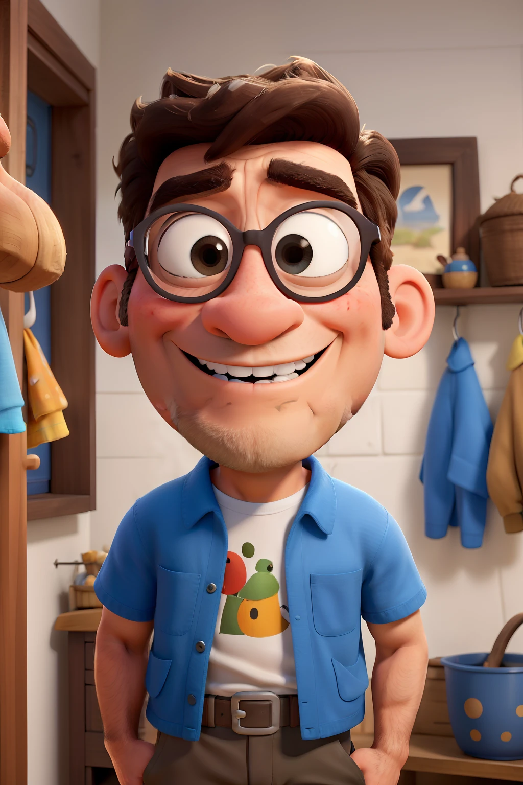 Obra-prima, Disney pixar homem 52 anos, totalmente careca, branco, bigode grosso, olhos pretos, olhar fundo com poucas olheiras, camisa preta com uma listra transversa na cor branca