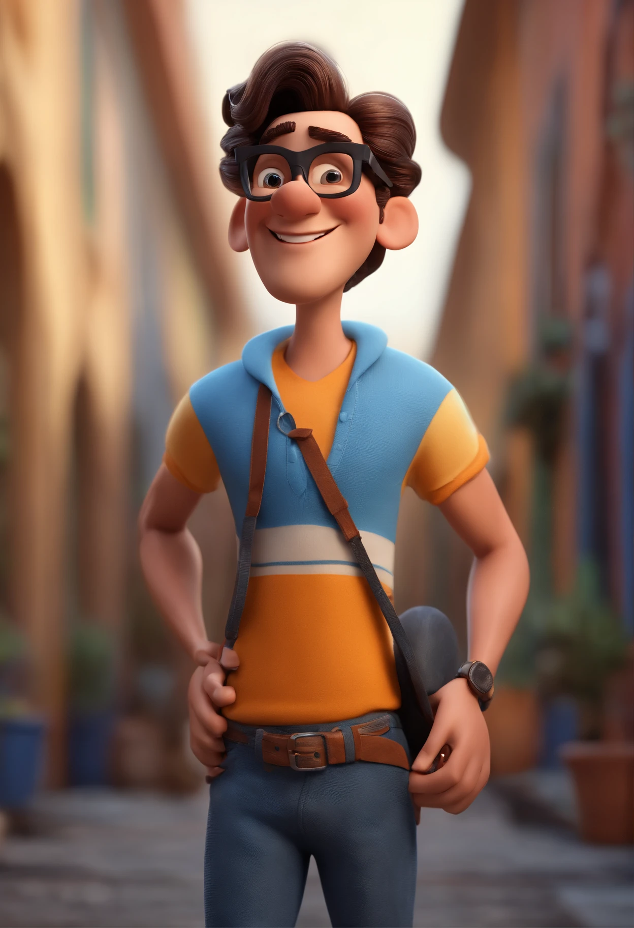 Cartoon character of a man with black glasses and a blue shirt, animation character, Caractere estilizado, animation style rendering, 3D estilizado, Arnold Maya render, 3 d render stylized, toon render keyshot, Personagem 3D, Personagem 3D, 3d rendering stylized, 3 d character render, personagem de desenho animado, Personagem de close up, Pose de personagem, (Estilo Pixar) (master part:1.2) (Bokeh) (best quality) (pele detalhada) (textura detalhada) (8k) (argila) (Cinematic lighting) (foco nítido