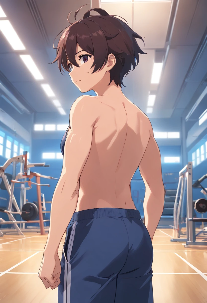 Yuijiro Hanma, personagens de anime, Standing in a gym, The back is decorated with a devil tattoo. His back is muscular and defined, O foco de seus treinos intensos. Seus cabelos ruivos eram selvagens e indisciplinados, And his black pants were tight to his body.