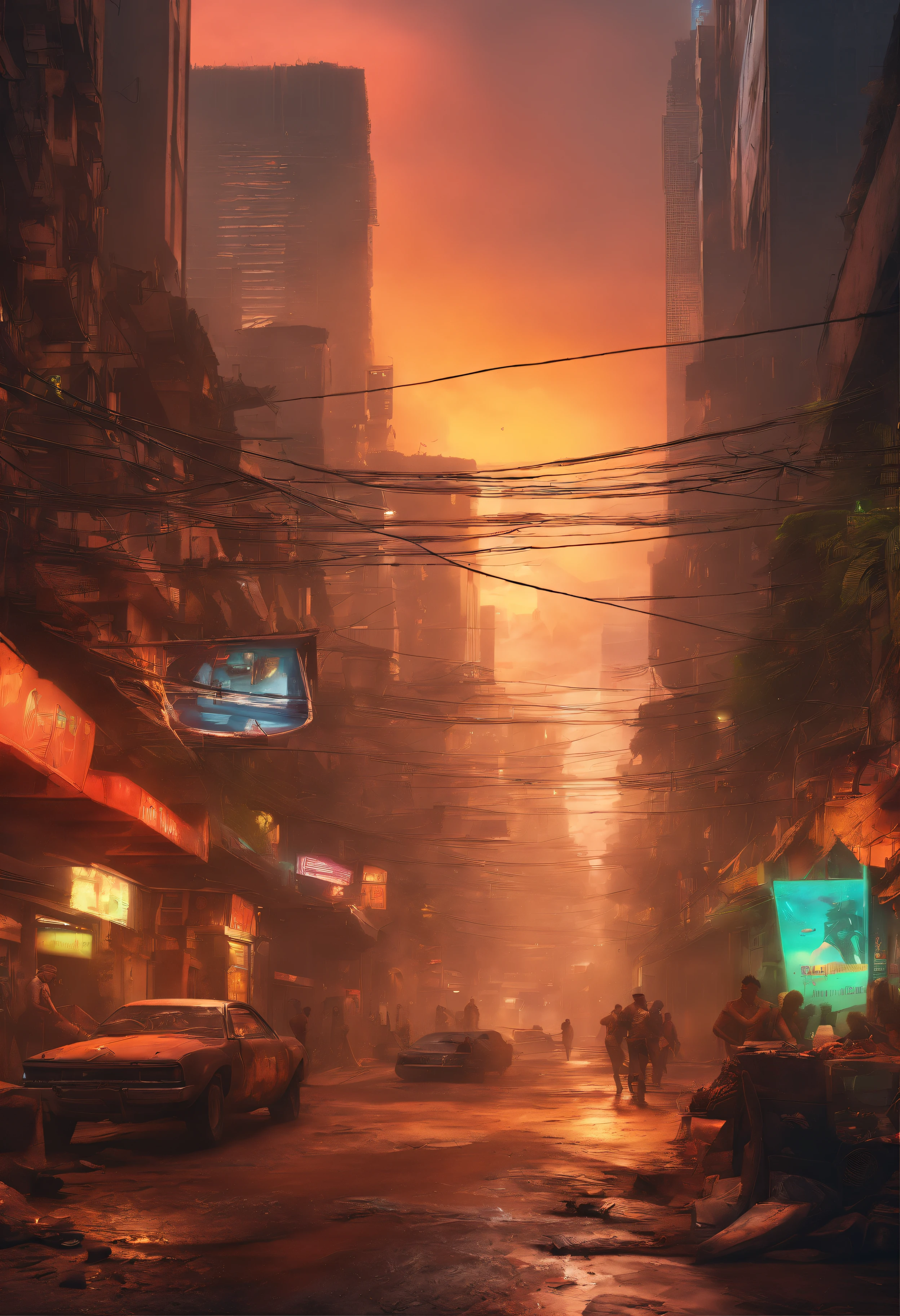 create people walking in an open-air market, Mad Max style, city in earthy tones, the city has signs in Portuguese, the city is in Rio de Janeiro, in Copa Cabana, there is no water or plants in the image. the city is in a cyberpunk future, there is rubble of destruction. the city is after the 3rd world war. large shops on the street, futuristic Mad Max style cars, several people on the street, postcard of the river in the background. Destroyed Christ the Redeemer seen from the street. postcard images of the river in the background. rubble in the street, dense smoke from pollution. There are no plants shown in the background or in the image. dense pollution. dust mist. image of sugar loaf in the background. tangle of power wires on street lamps. many power wires in the upper area of ​​the image
